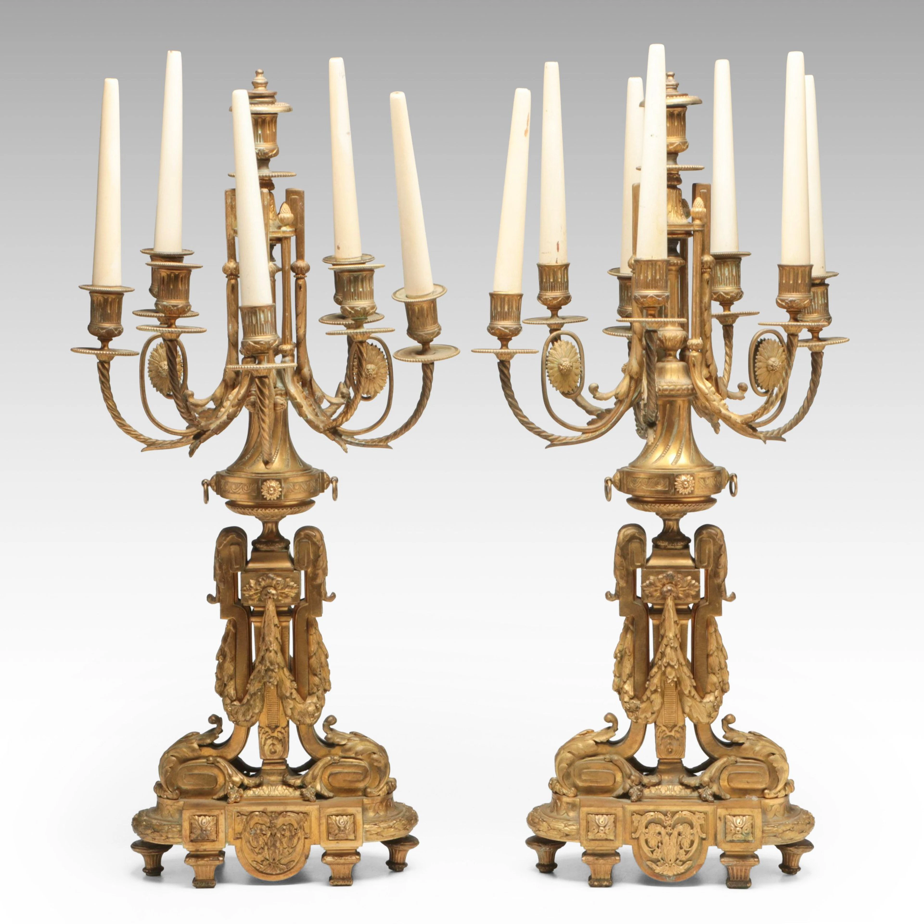 Italian Baroque Style Eight-Arm Brass Candelabra Pair