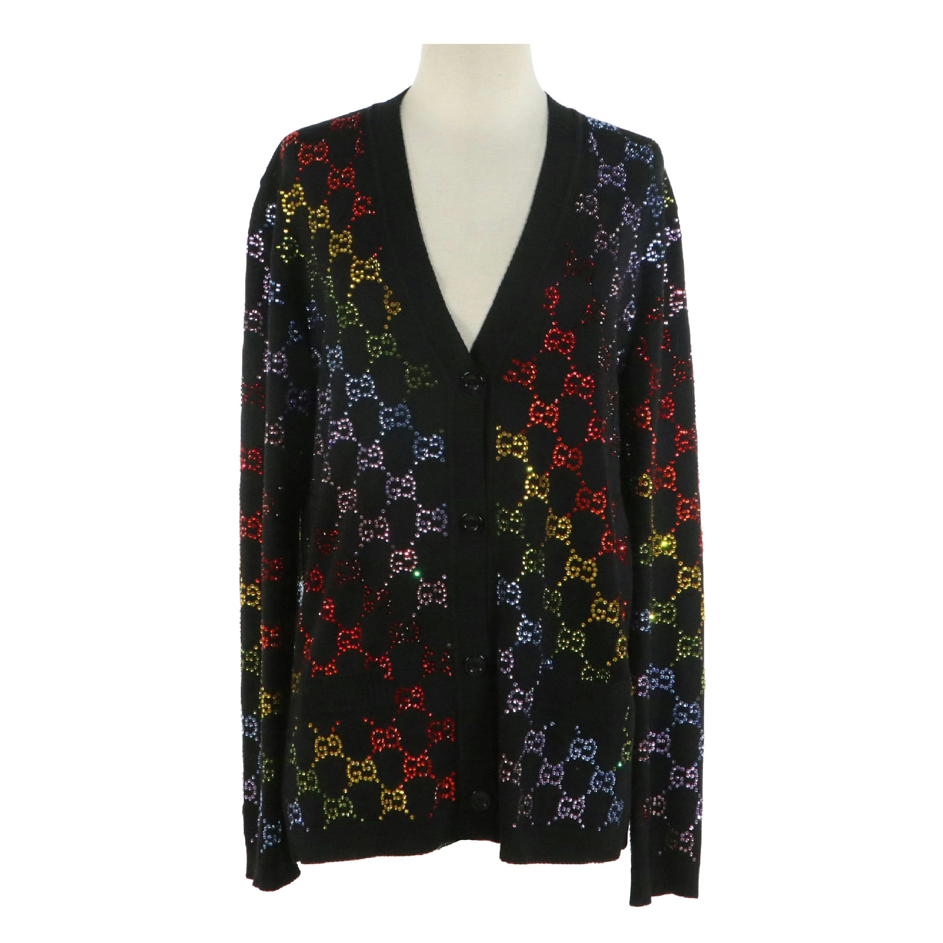 Gucci GG Rainbow Crystal Black Wool Knit Cardigan Sweater, 2019 Collection