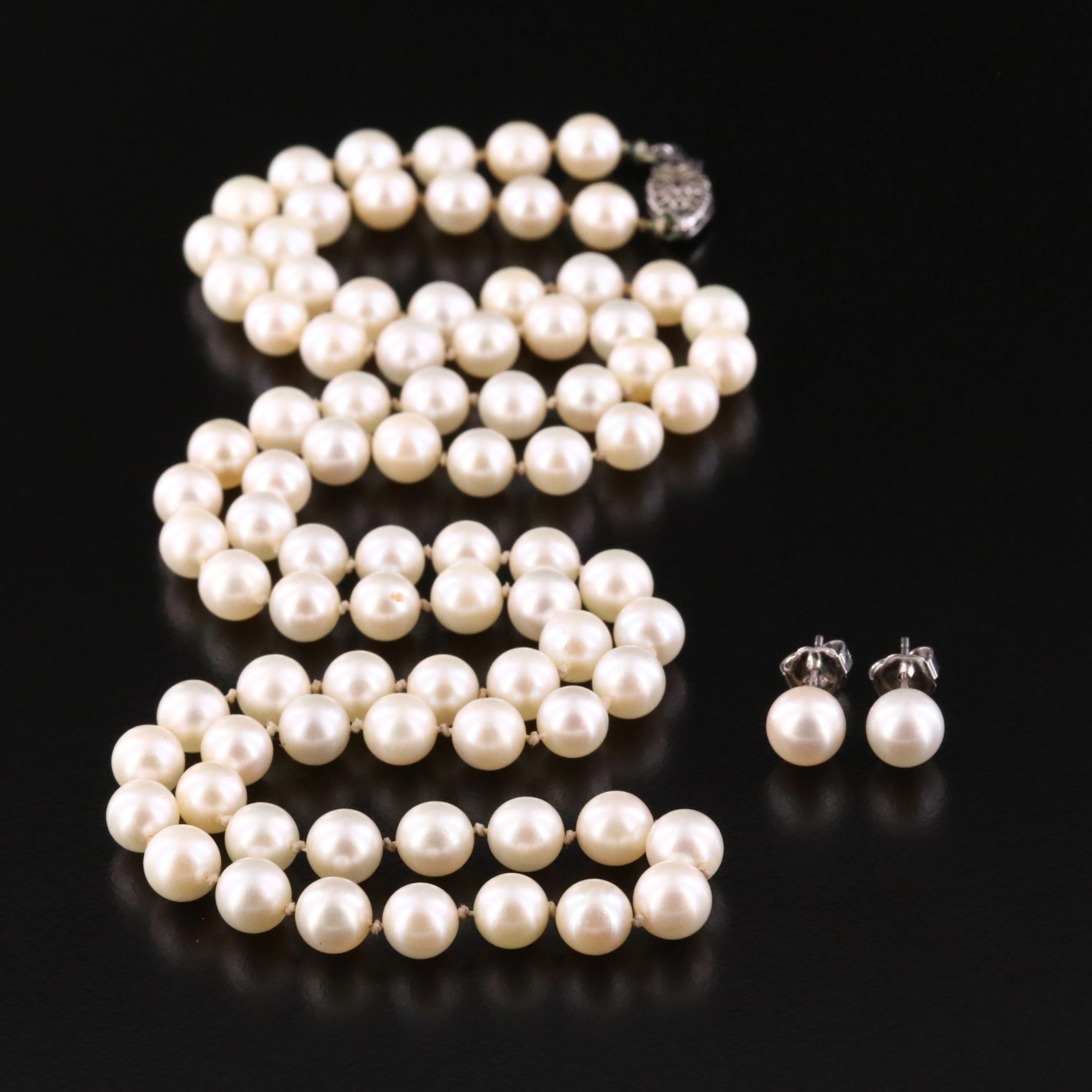 Pearl Necklace and Stud Earrings with 14K