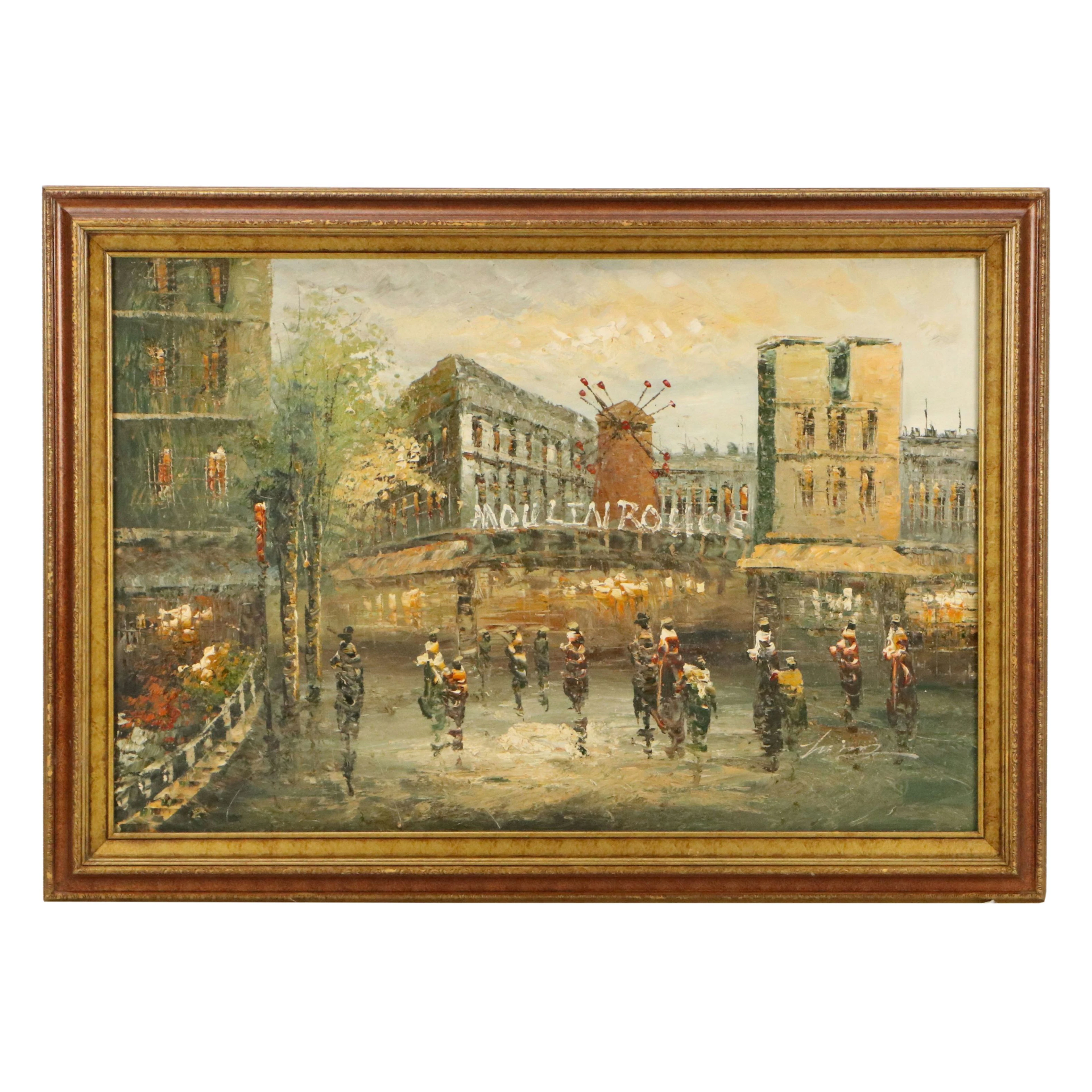 Parisian Street Scene Oil Painting Featuring Moulin Rouge, 20th Century