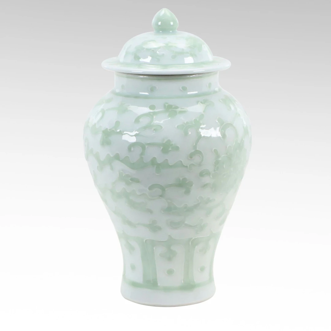 Chinese Sculpted Slip Phoenix and Floral Porcelain Celadon-Glazed Ginger Jar