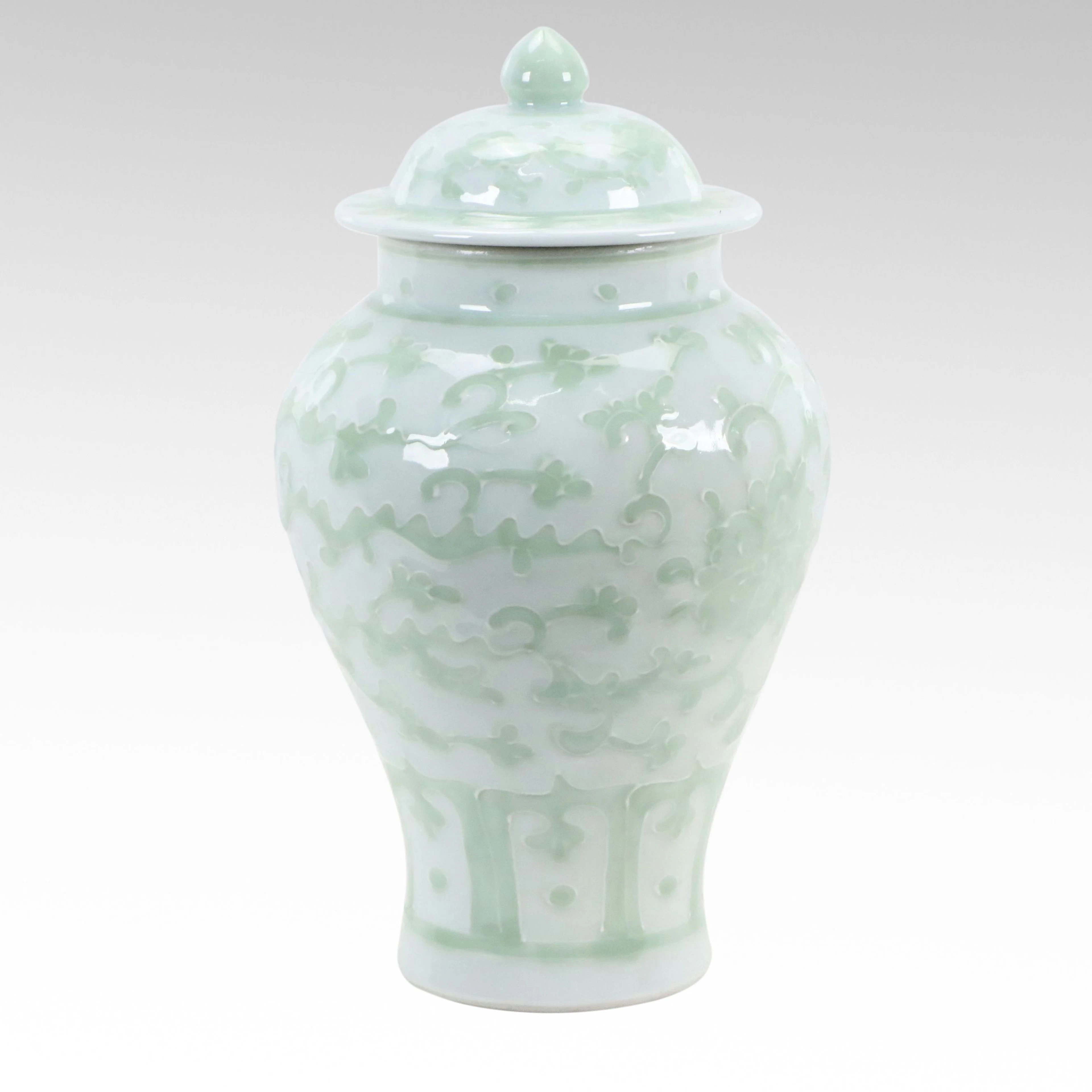 Chinese Sculpted Slip Phoenix and Floral Porcelain Celadon-Glazed Ginger Jar