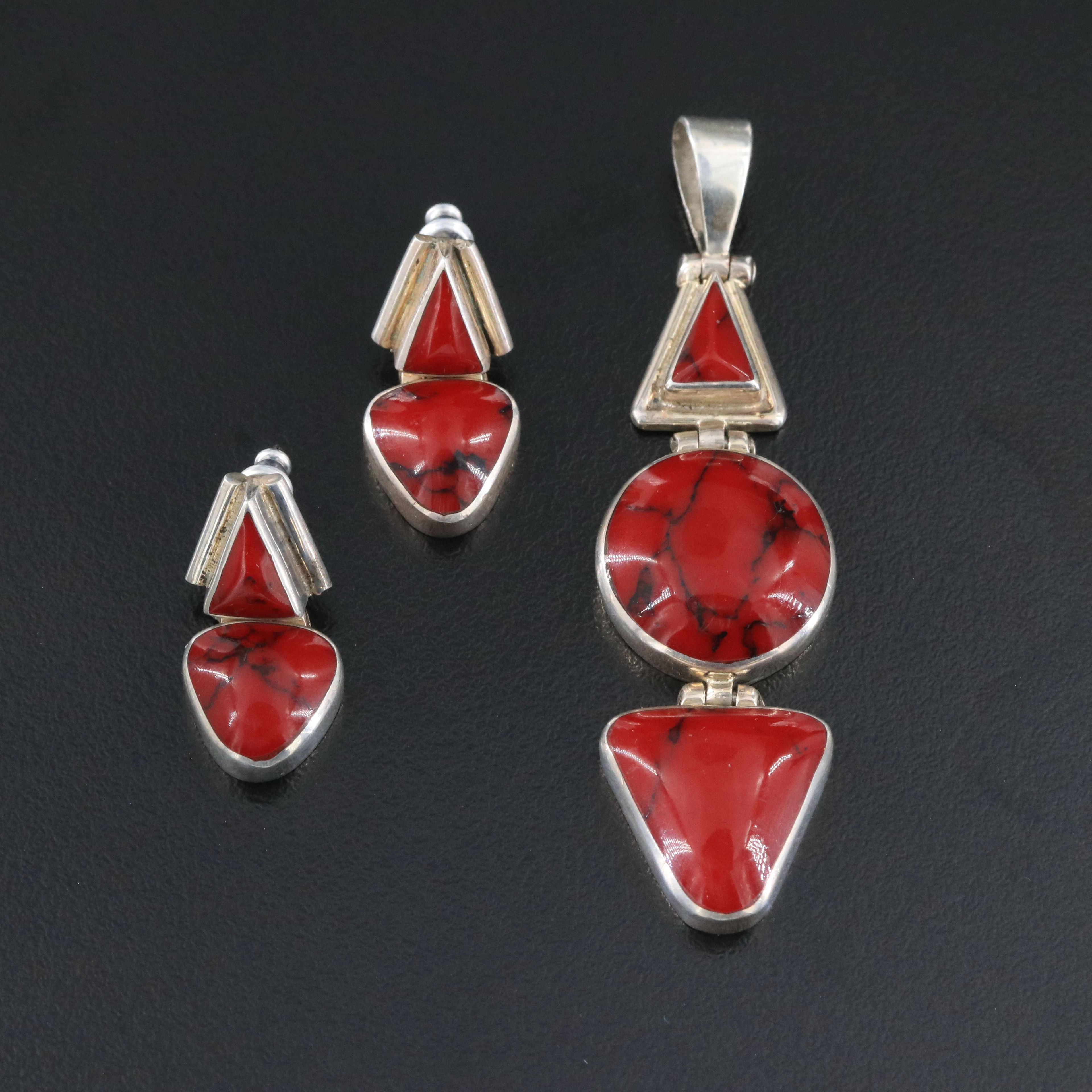 Mexican 950 Silver Red Howlite Pendant & Earrings Set