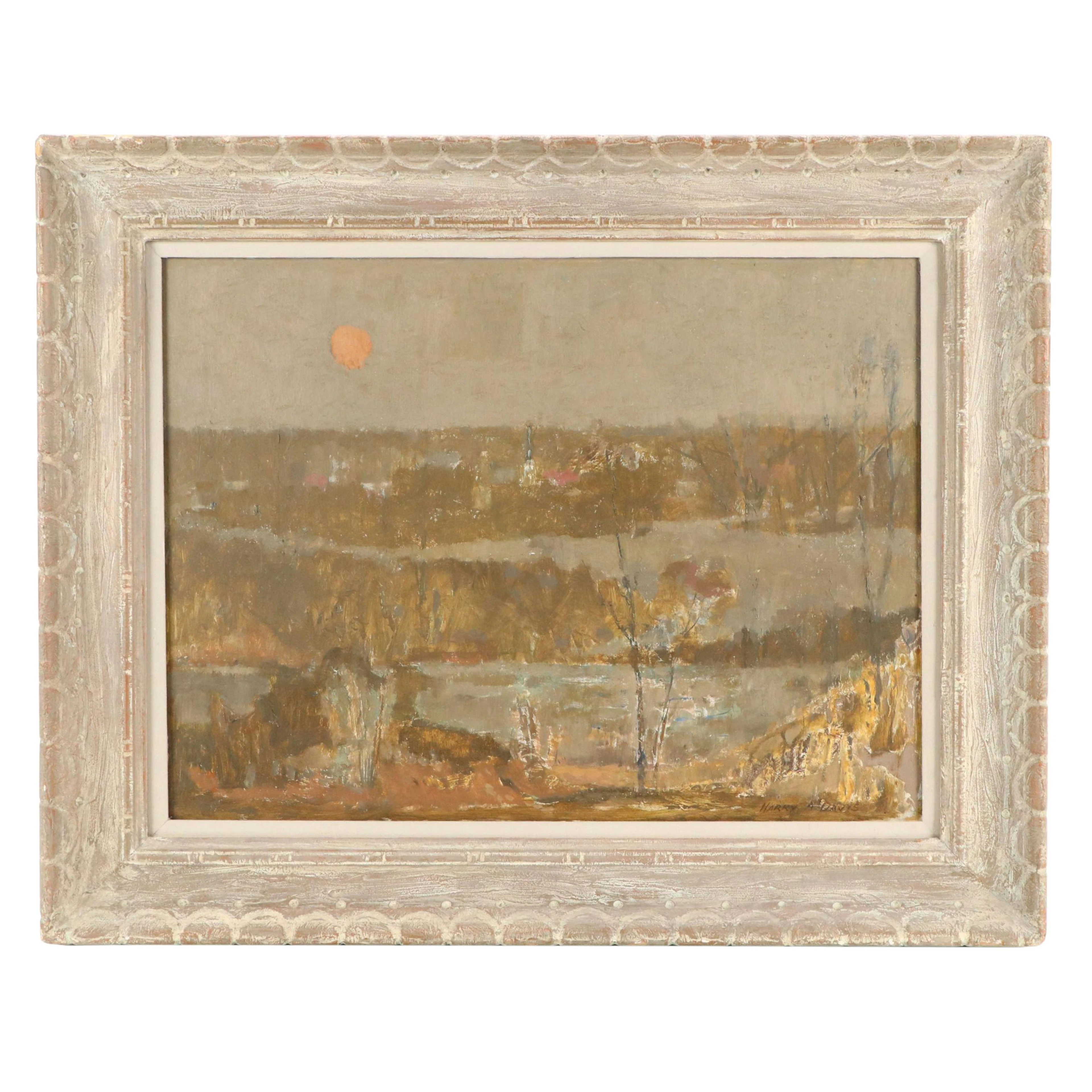 Harry A. Davis Indiana Oil Painting "Landscape with Red Sun"