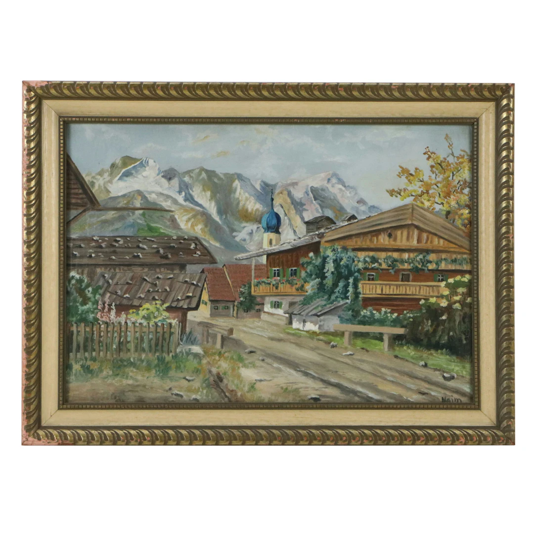 Impressionist Style Oil Painting of Alpine Mountain Village