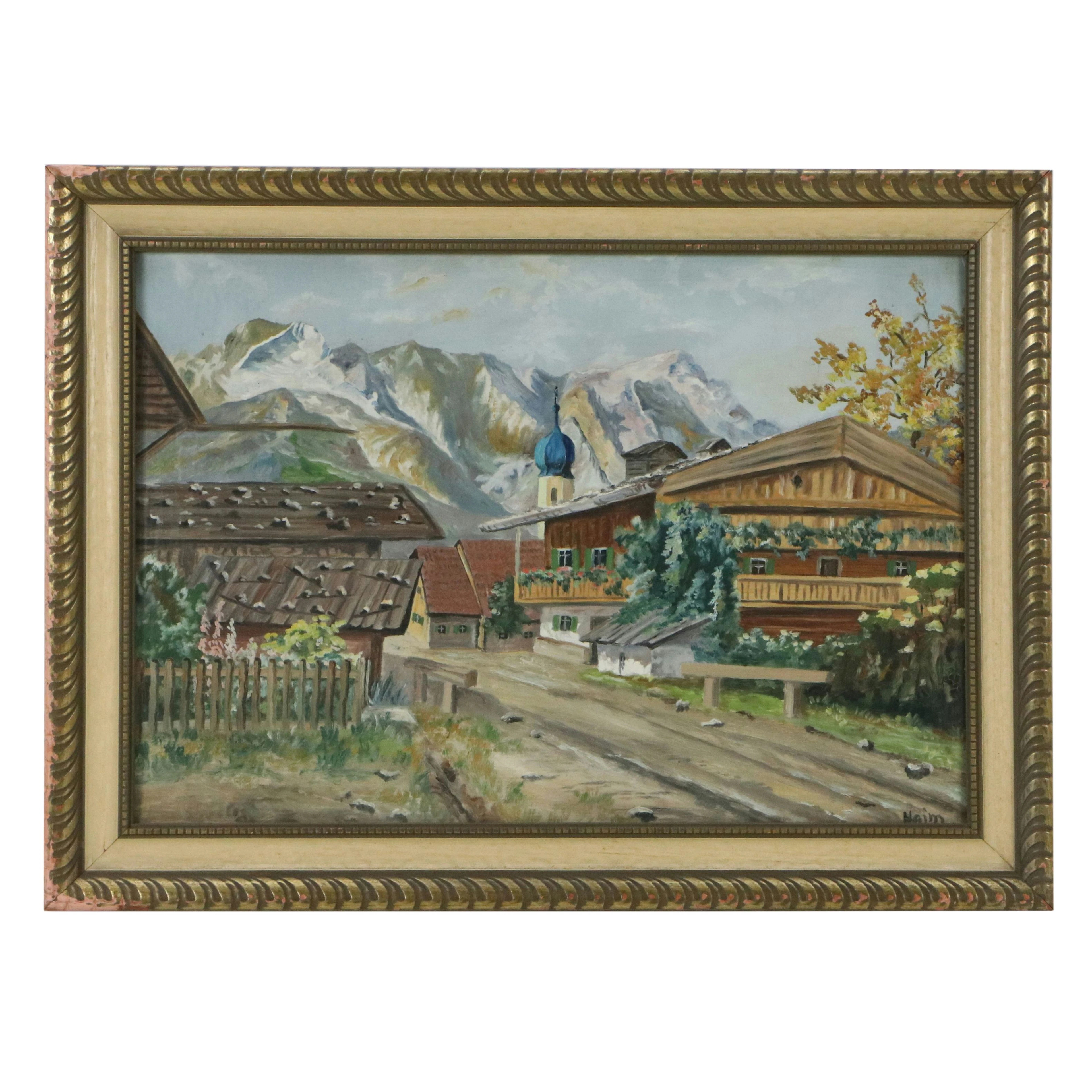 Impressionist Style Oil Painting of Alpine Mountain Village