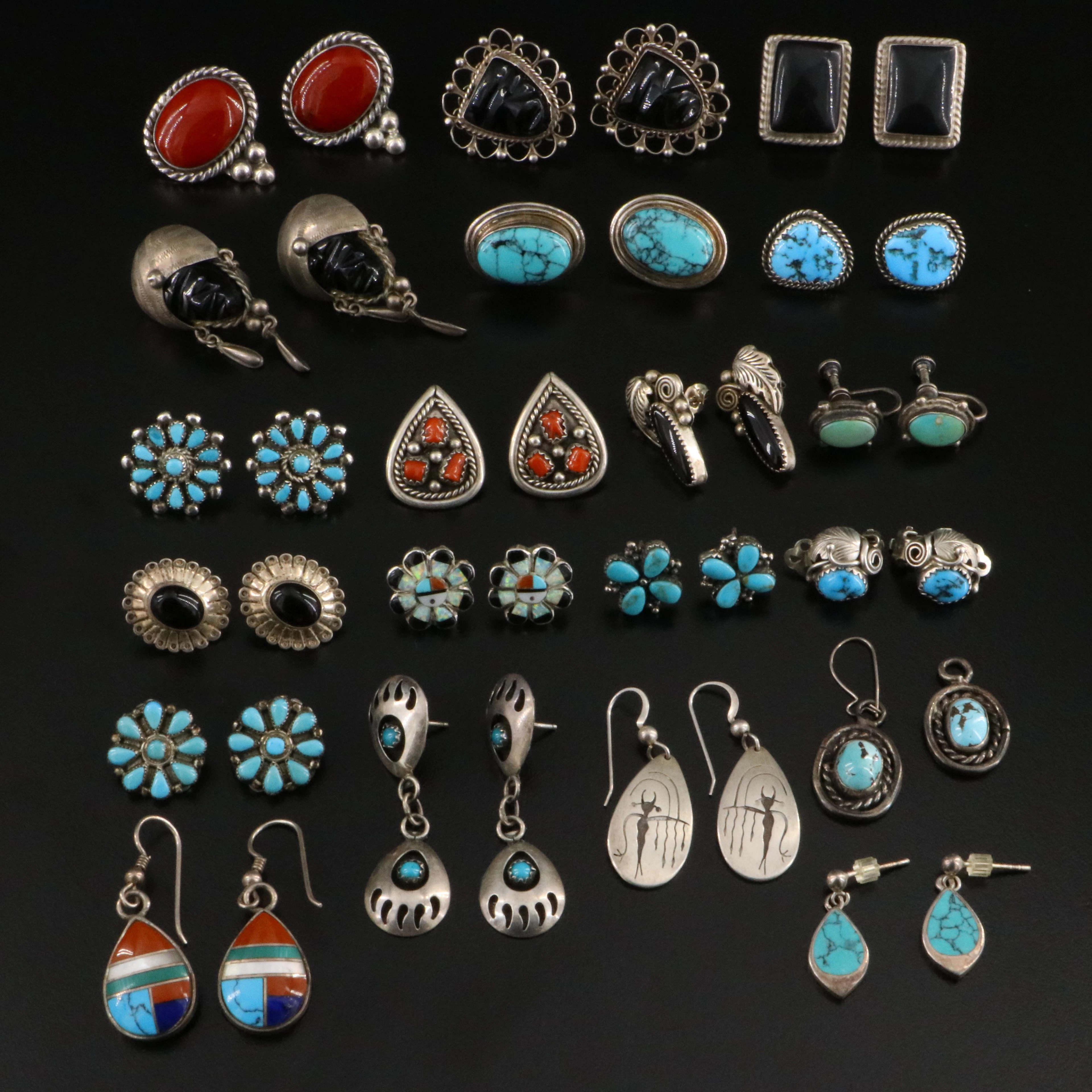 Southwestern Sterling Earring Collection Featuring Obsidian, Coral and Jasper