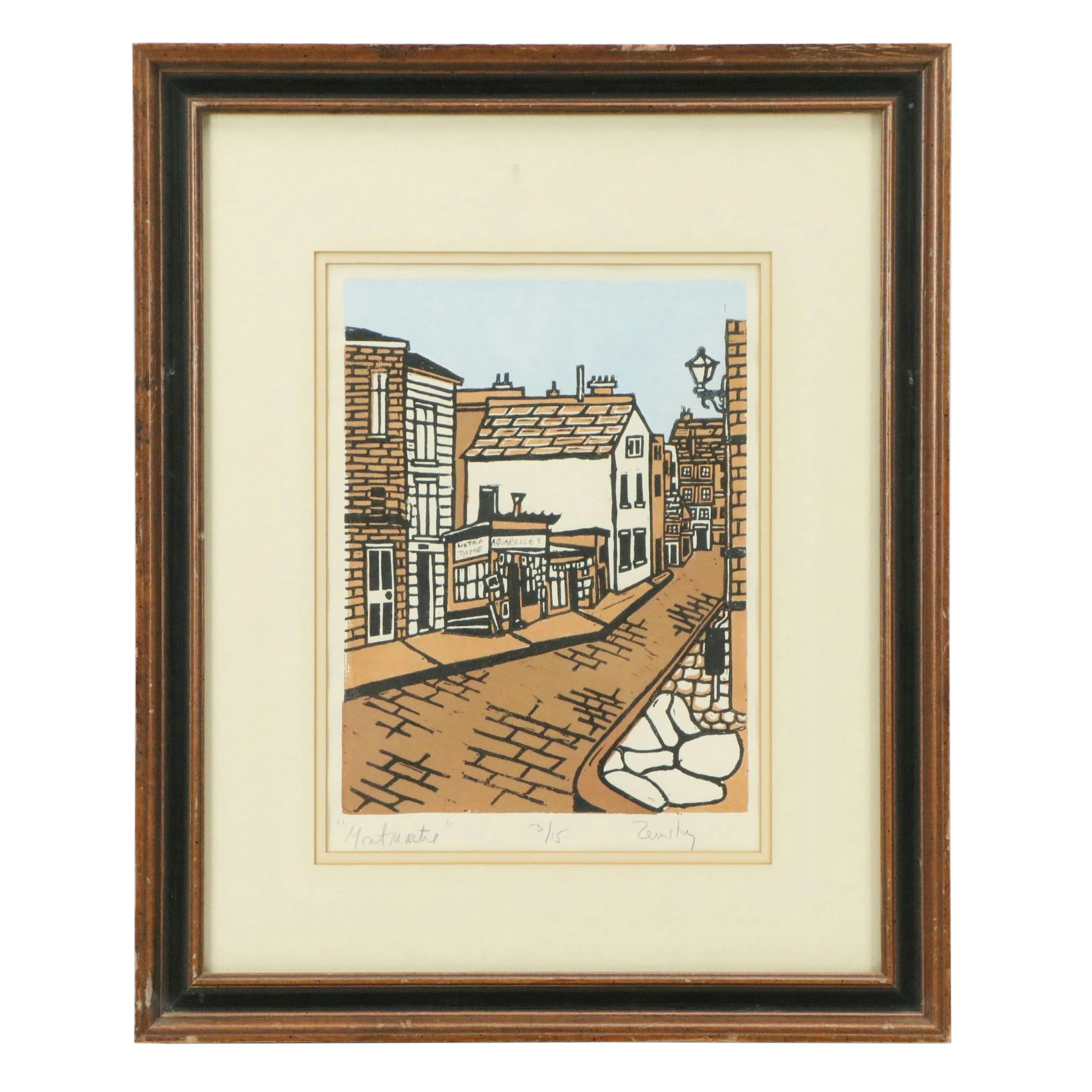 Parisian Street Scene Linocut "Montmartre"