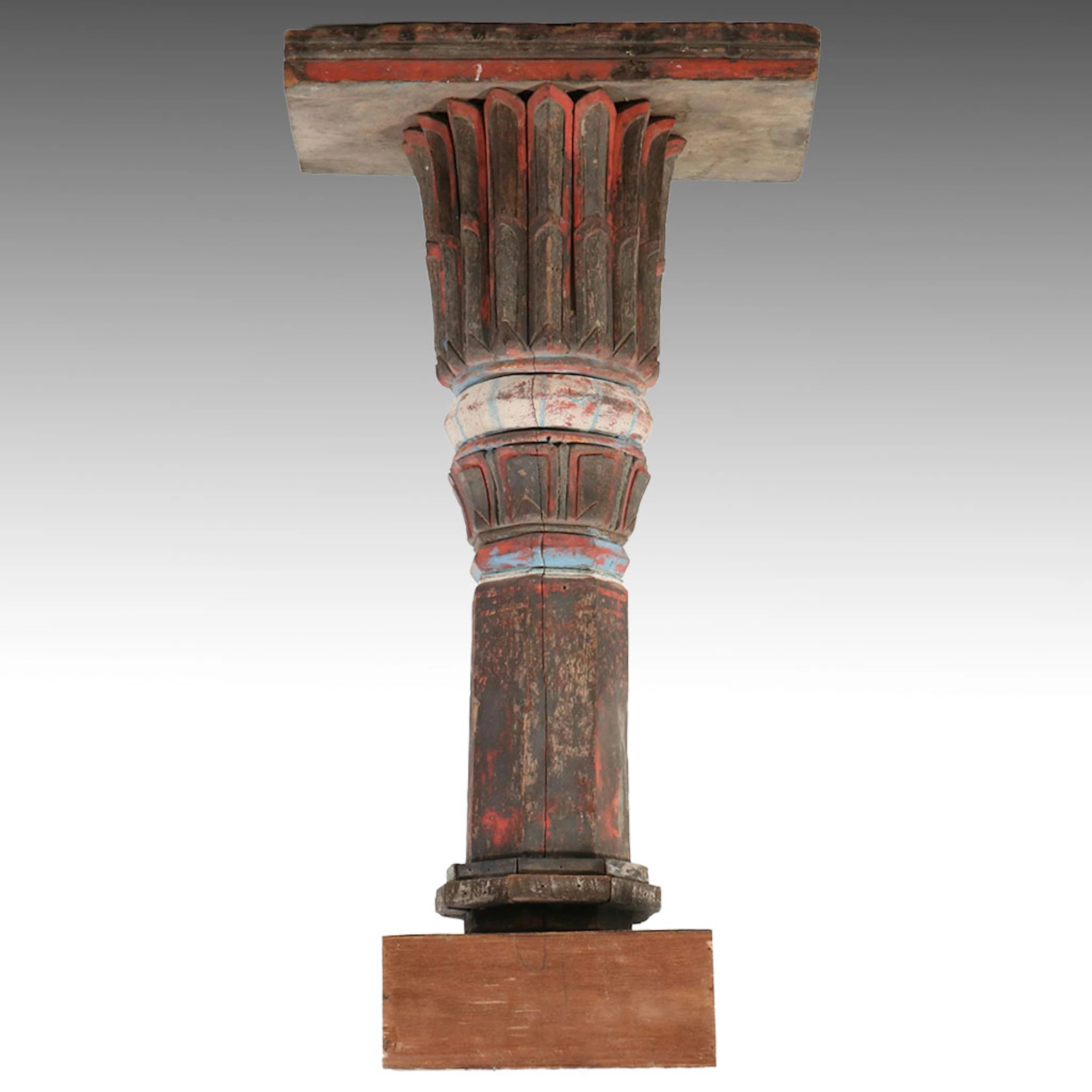 Architectural Egyptian Revival Polychrome Carved Wood Column Pedestal