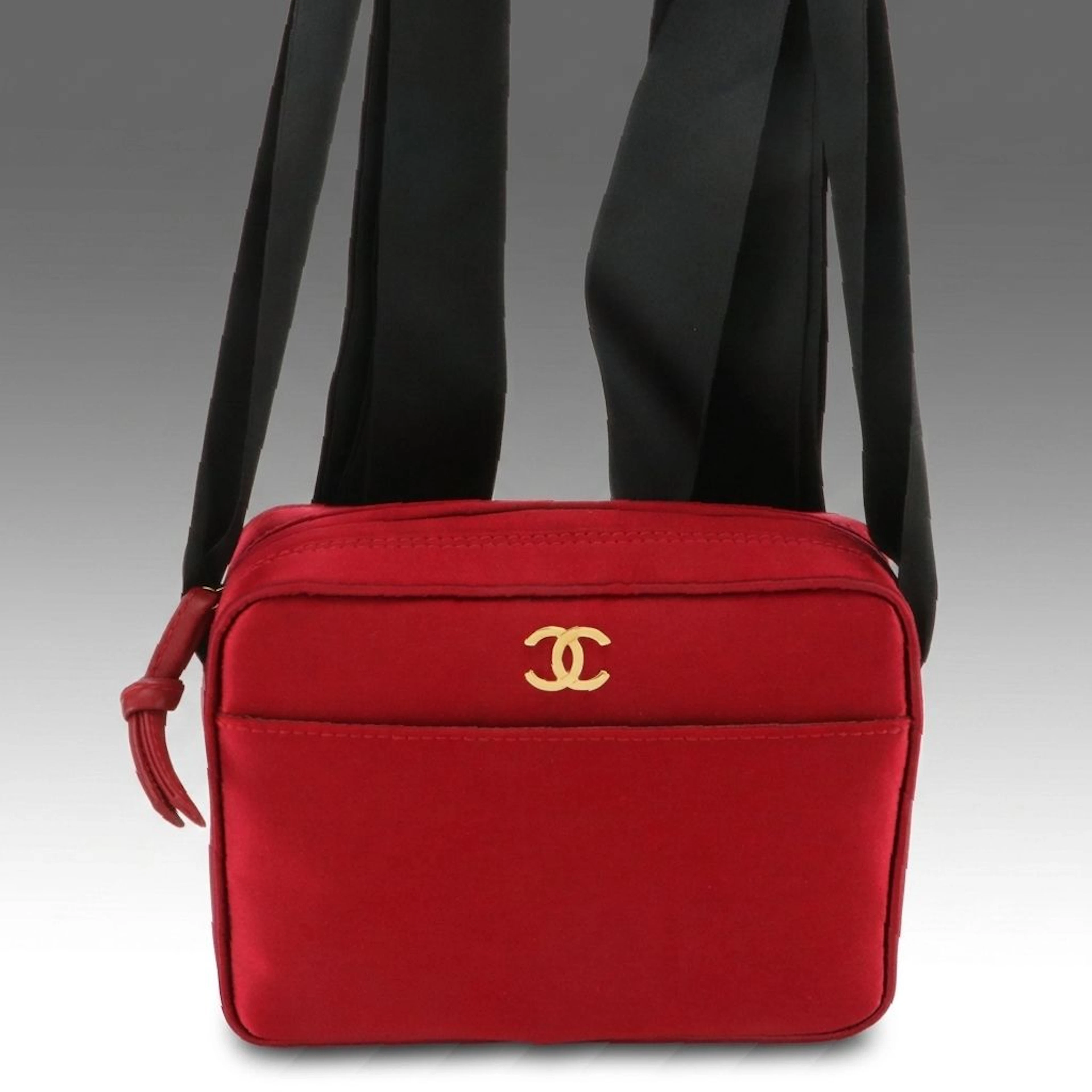 Chanel Ribbon Strap Small Evening Bag in Red and Black Satin with Box