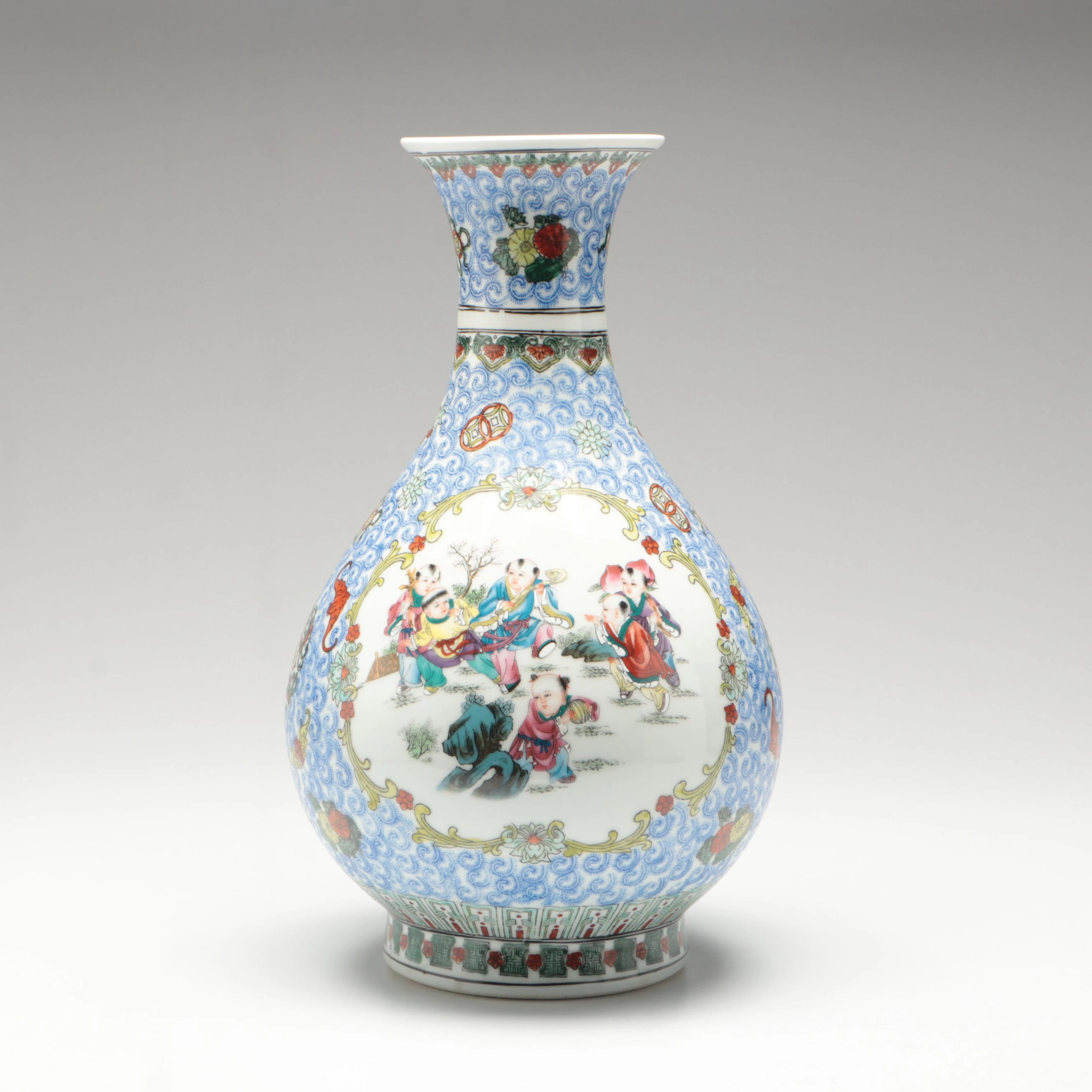 Contemporary Chinese Famille Rose Porcelain Vase with "Boys at Play" Motif