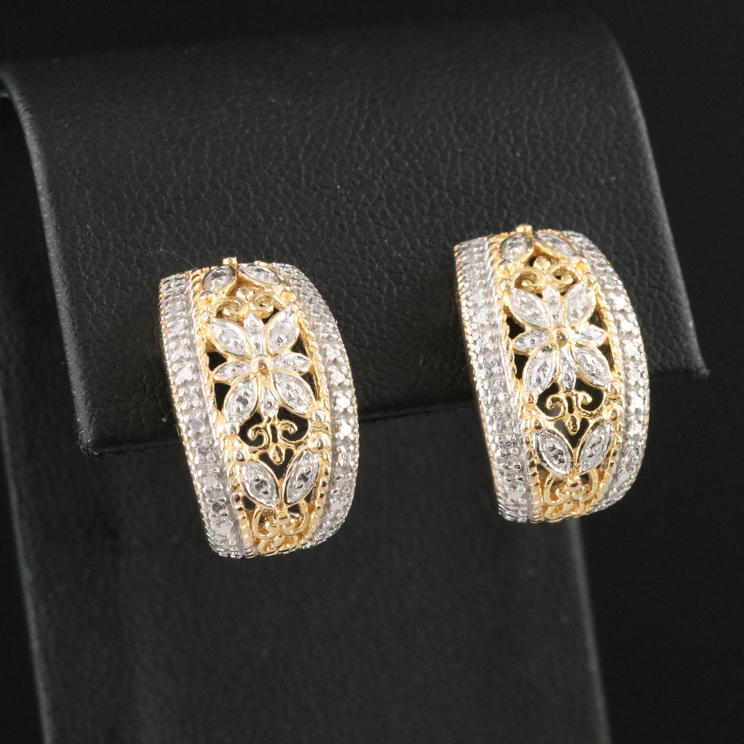 Sterling Diamond Floral J Hoop Earrings