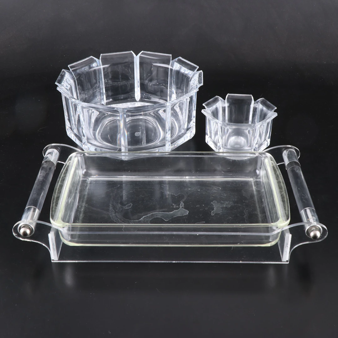 Grainware Lucite Serving Bowls and Pyrex Glass Server