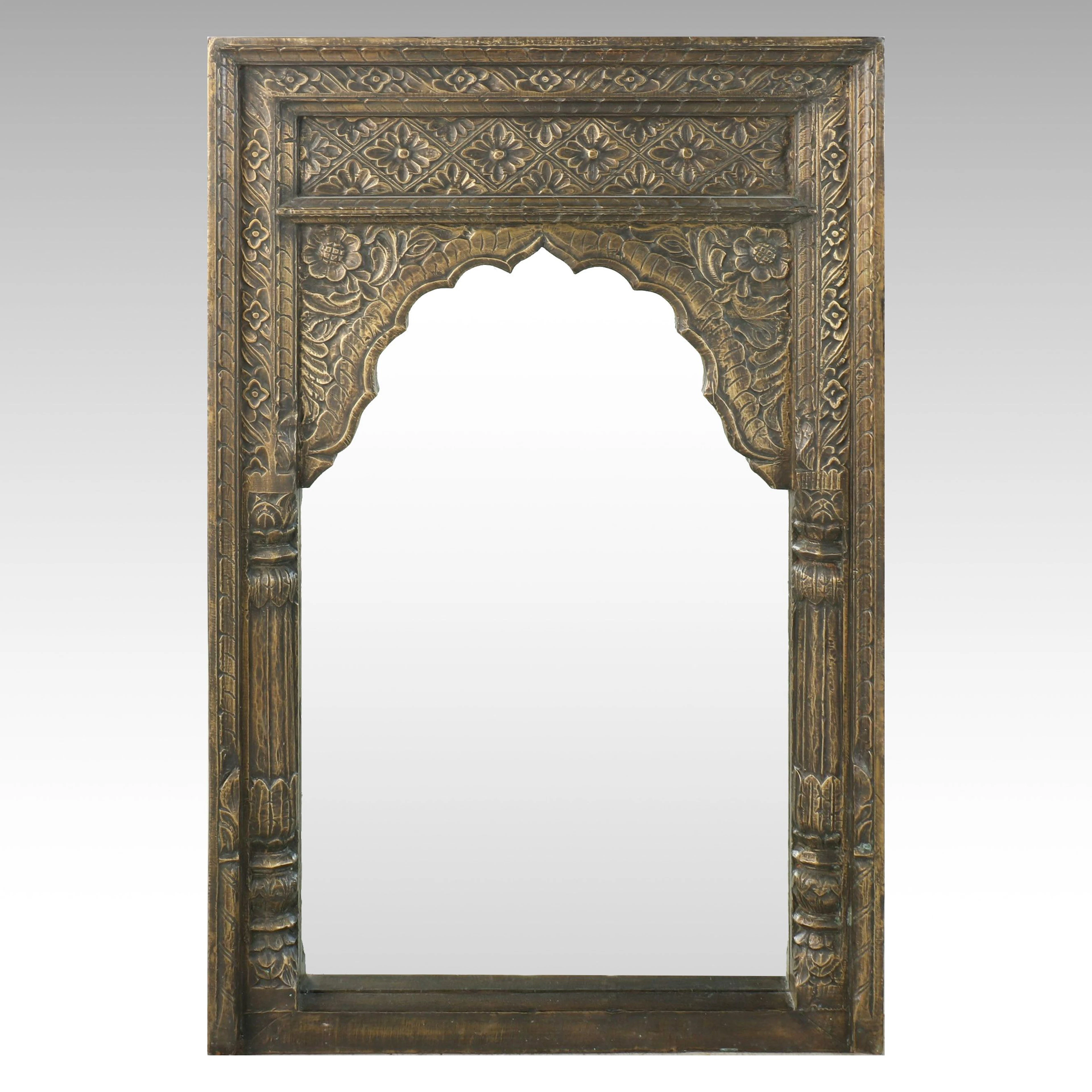 Cathedral Style Embossed Metal and Wood Wall Mirror