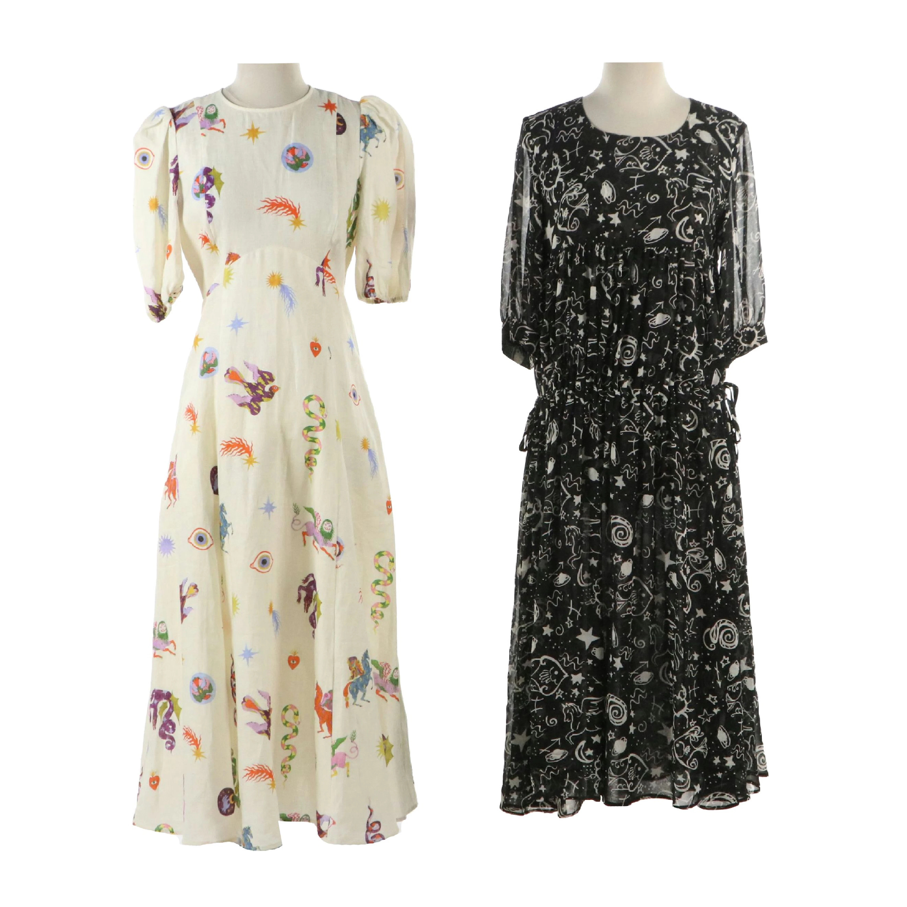Alémais White Linen and Other Black/White Zodiac Sign Printed Maxi Dresses