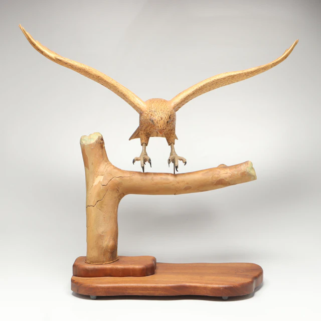 Rustic Hand-Carved Wood Eagle on Branch Sculpture