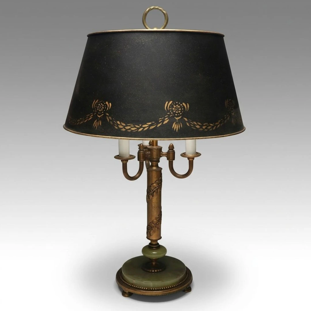 Neoclassical Bouillotte Style Green Calcite Brass Table Lamp with Tole Shade