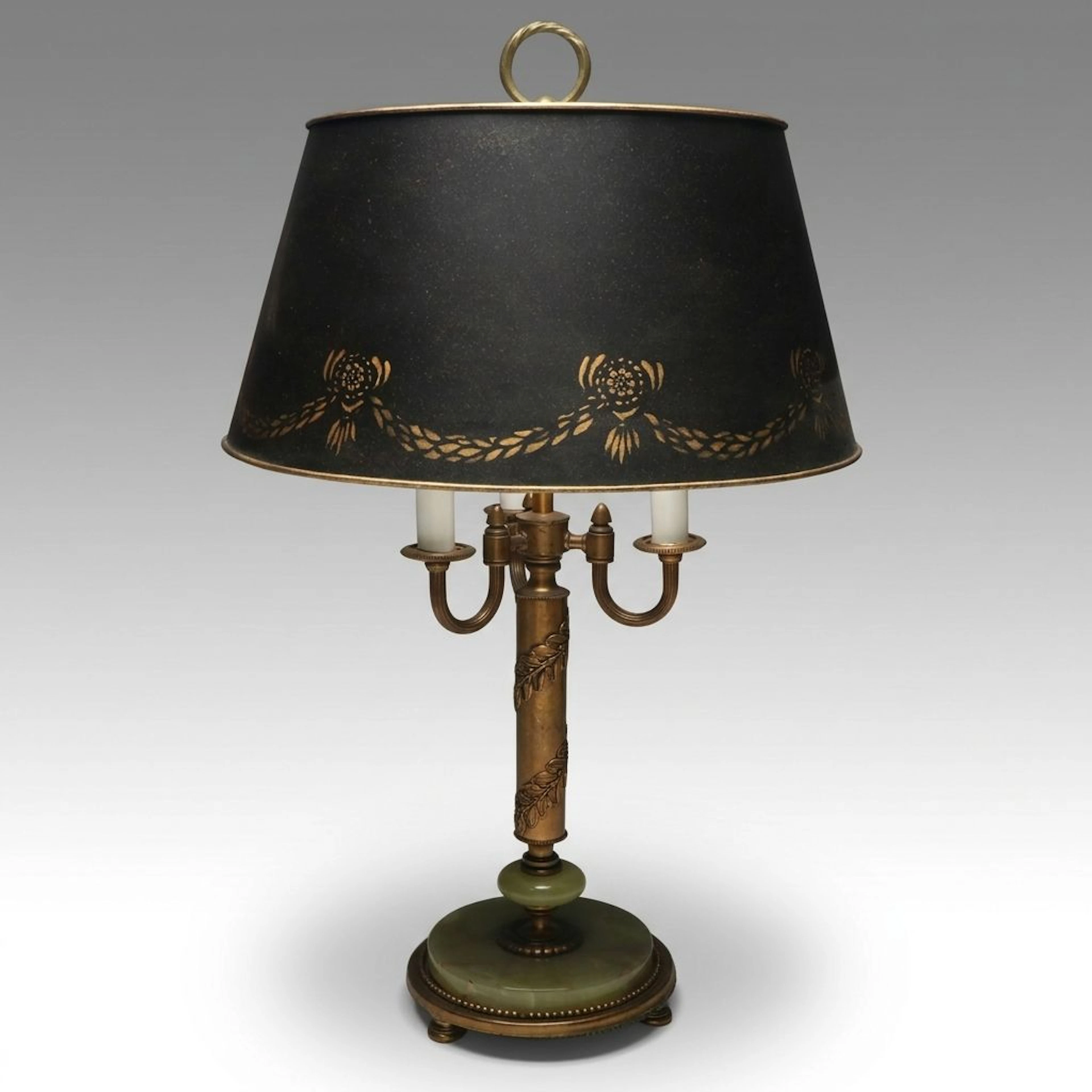 Neoclassical Bouillotte Style Green Calcite Brass Table Lamp with Tole Shade