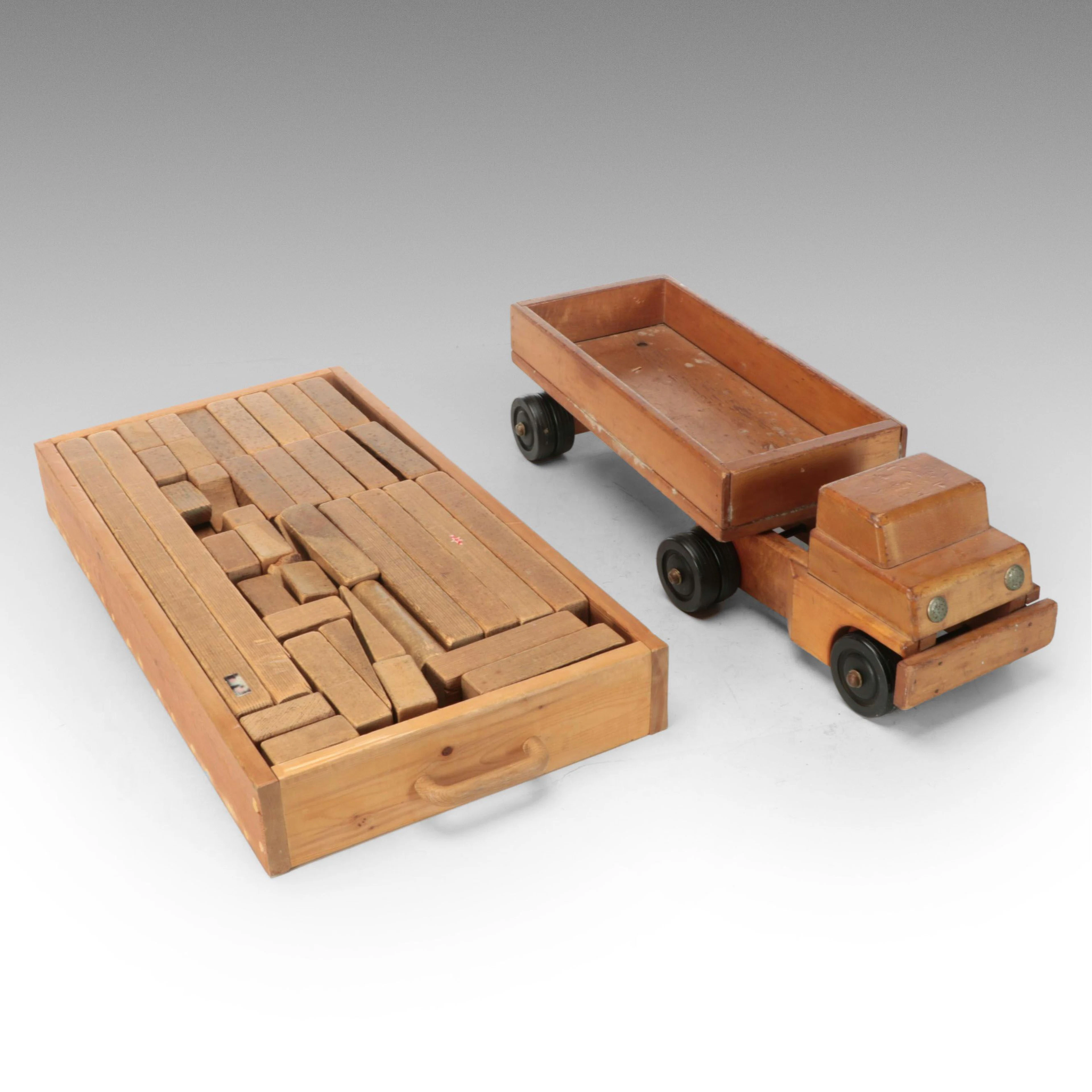 Oak Wood Children's Building Block Set in Drawer, and Maple Toy Truck