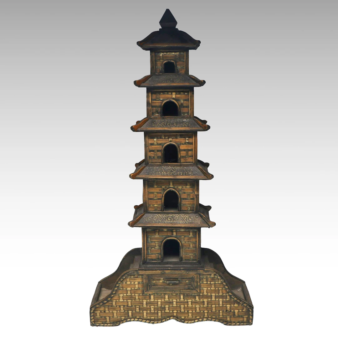 Chinese Brass and Wooden Pagoda Temple Figure with Drawer