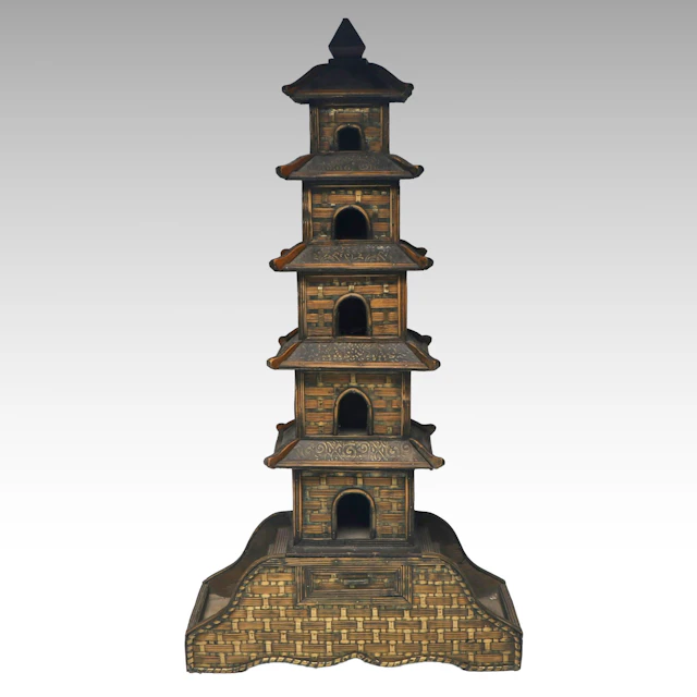 Chinese Brass and Wooden Pagoda Temple Figure with Drawer