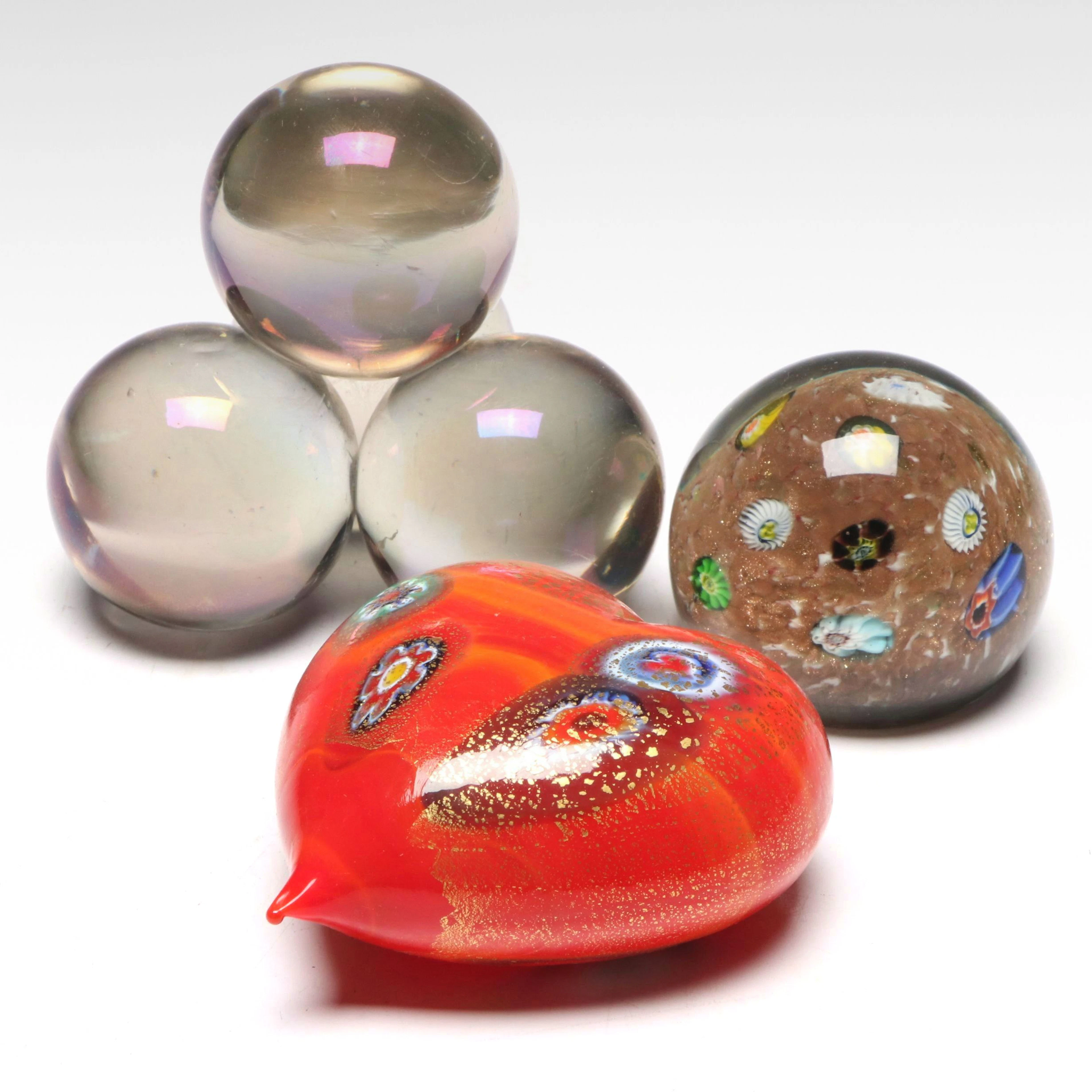 Murano Style Millefiori Heart with More Art Glass Paperweights