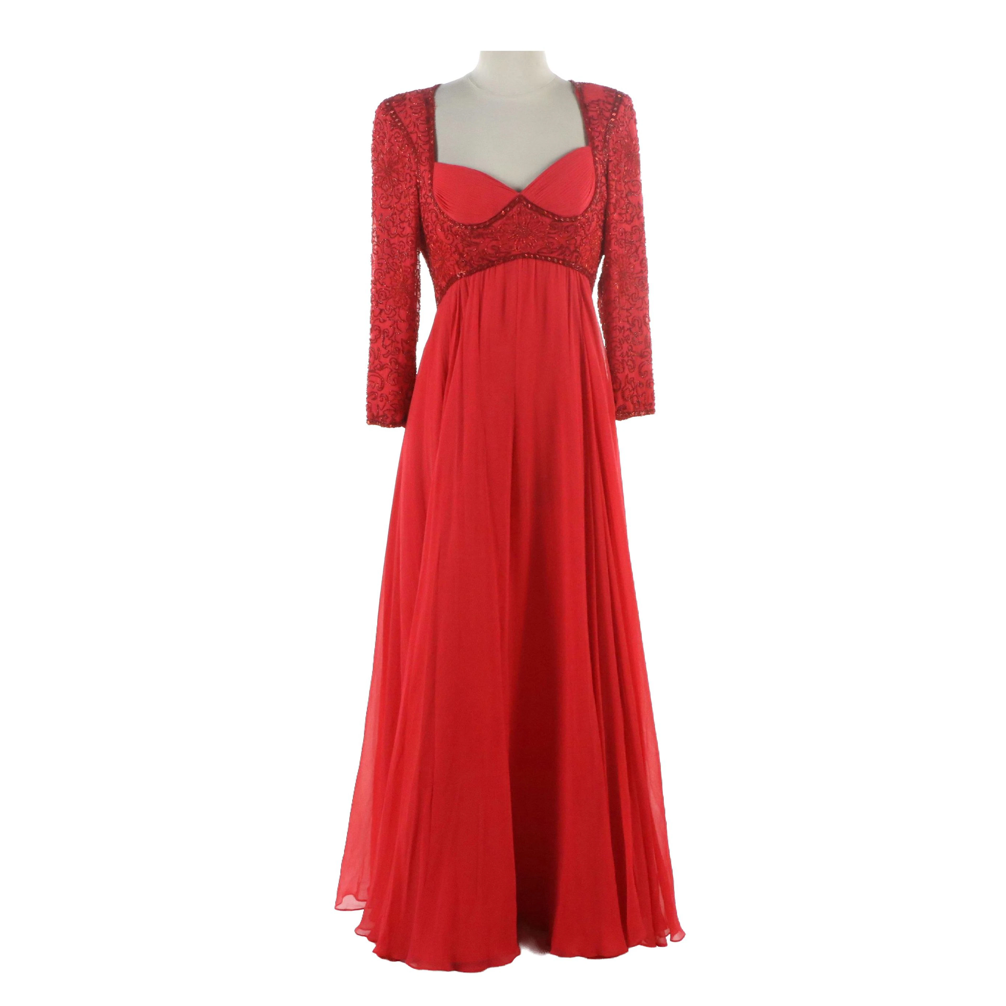 Black Tie Oleg Cassini Beaded Red Silk Evening Dress