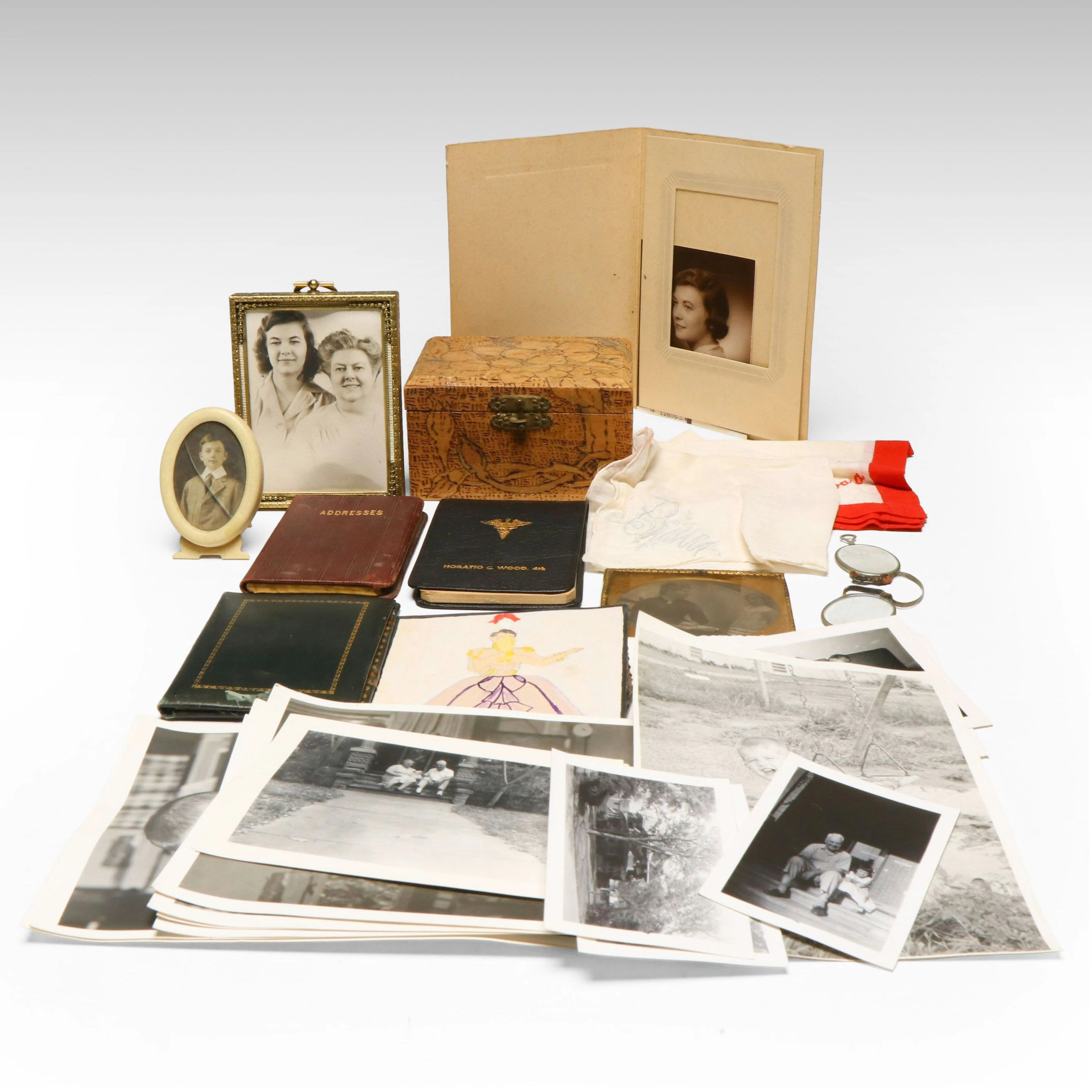 Photographs, Cards, Woodburned Box and More Ephemera, Mid-20th C.