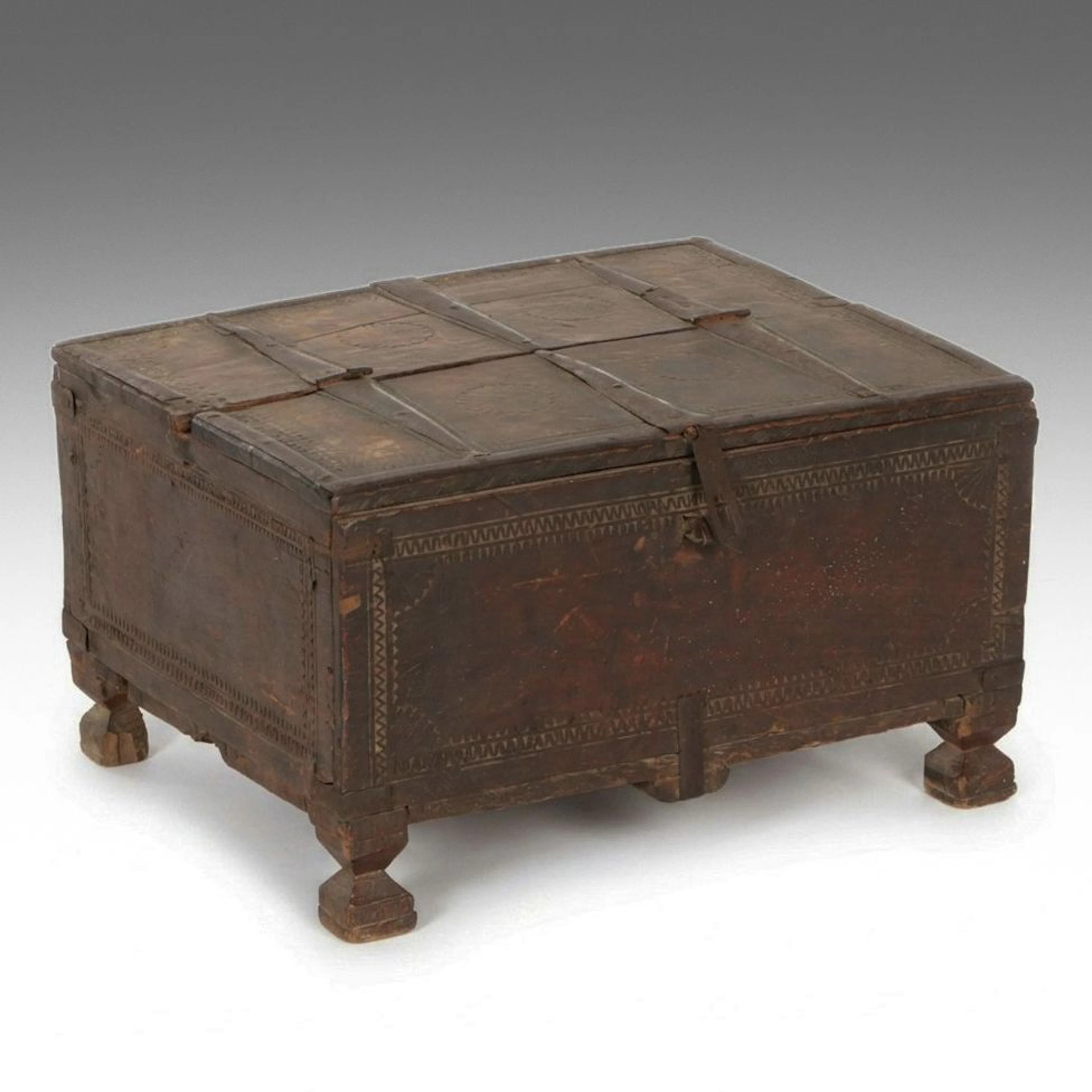 Indian Chip-Carved Footed Dowry Chest with Iron Strapping, 19th Century
