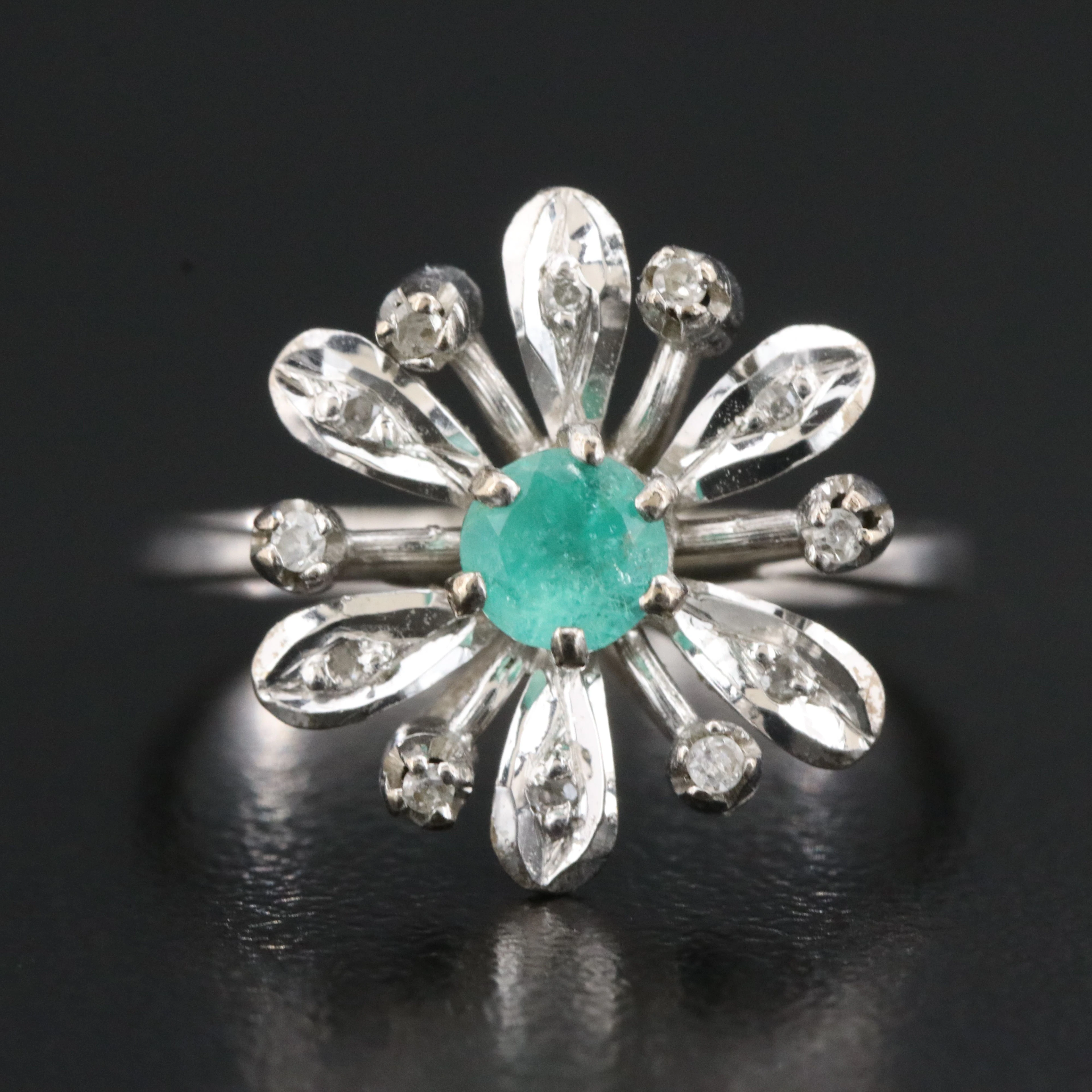 1940s Silver Palladium Alloy Emerald and Diamond Flower Ring