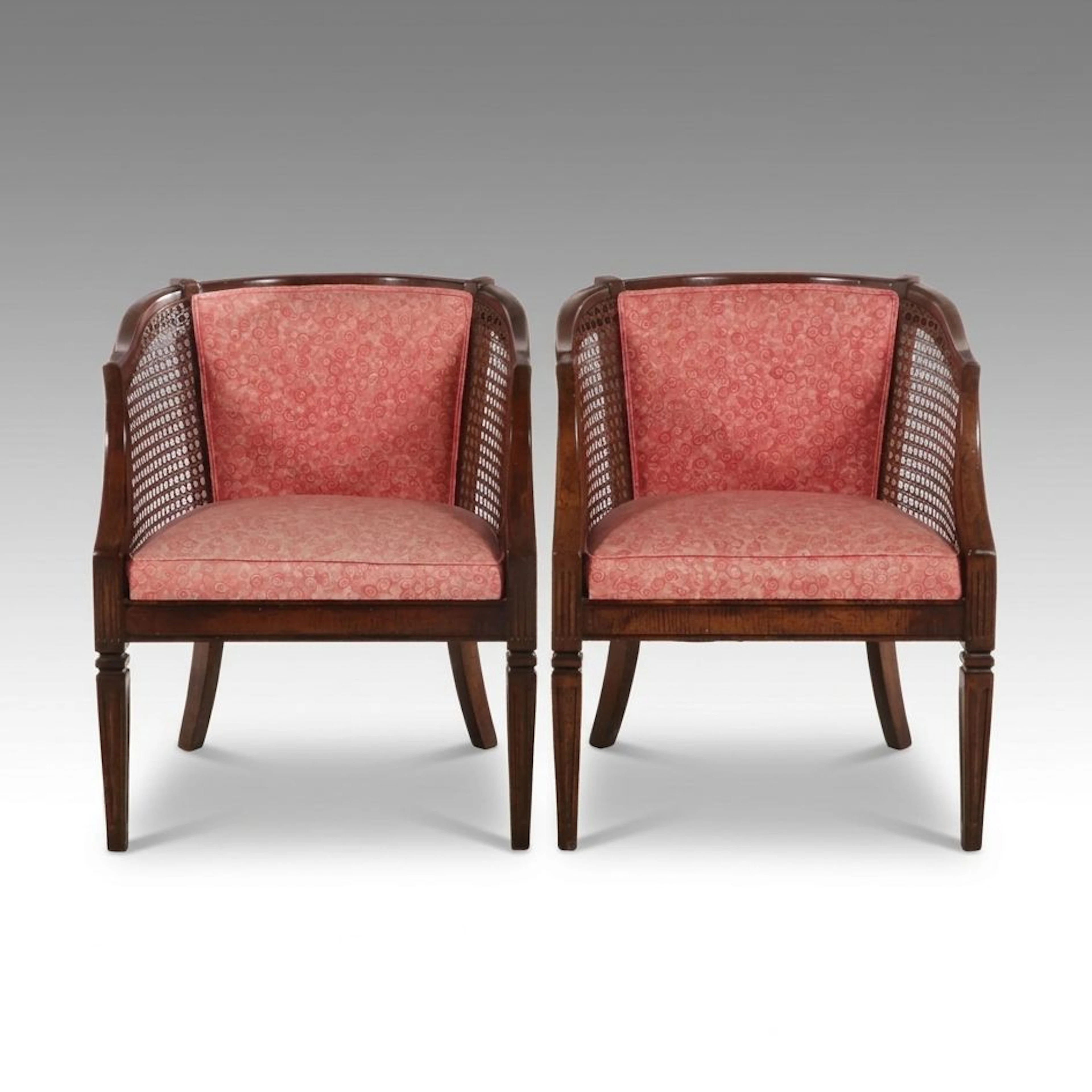 Pair of Mid Century French Provincial Cane Back Barrel Armchairs