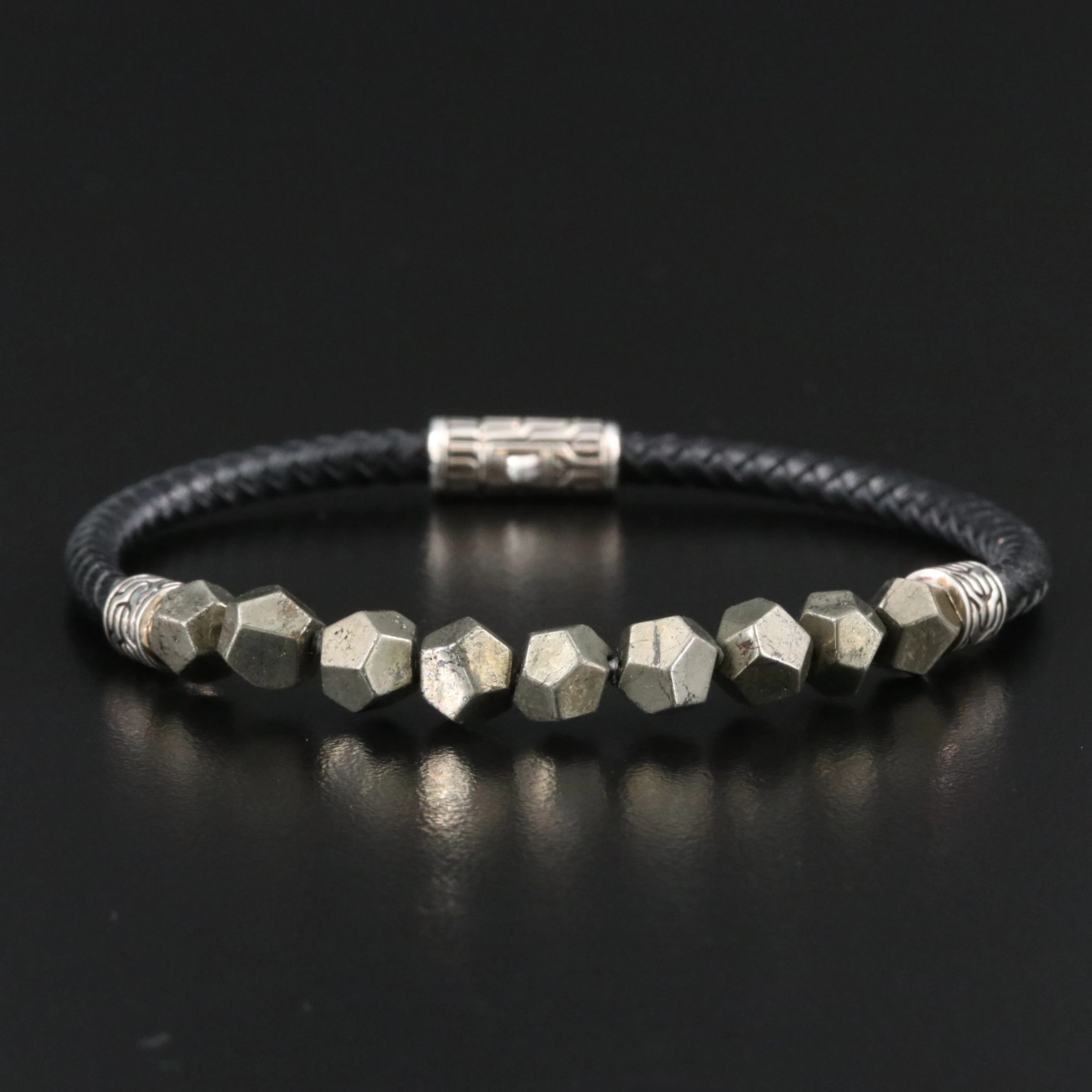 John Hardy Asli Sterling and Pyrite Bead Braided Leather Bracelet
