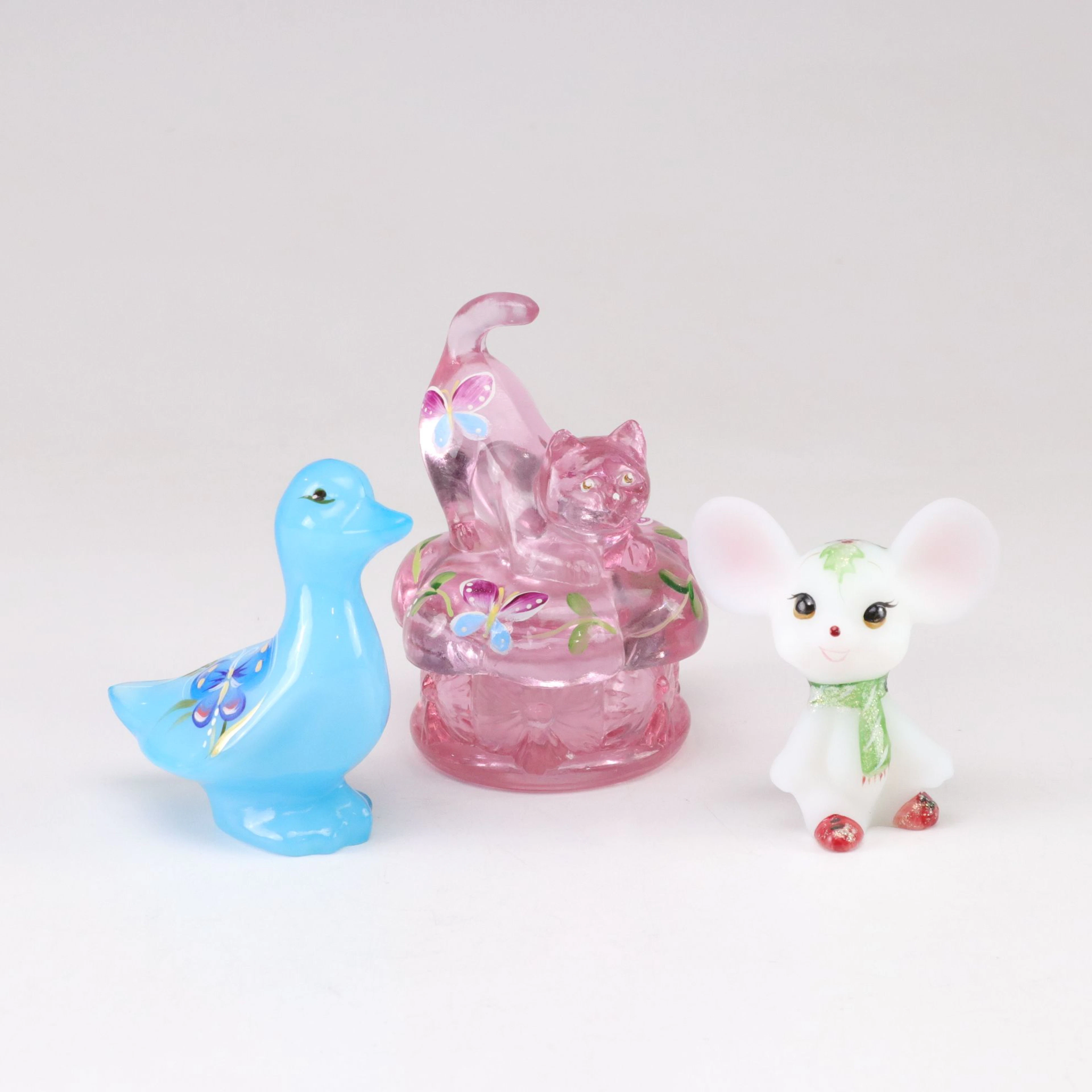 Fenton Hand Painted Art Glass "Pink Cat" Trinket Box, "Blue Duckling" and Mouse