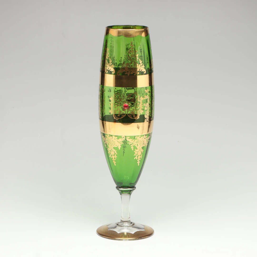 Bohemian Style Ornate Floral Gold Gilt Green Glass Chalice Style Vase