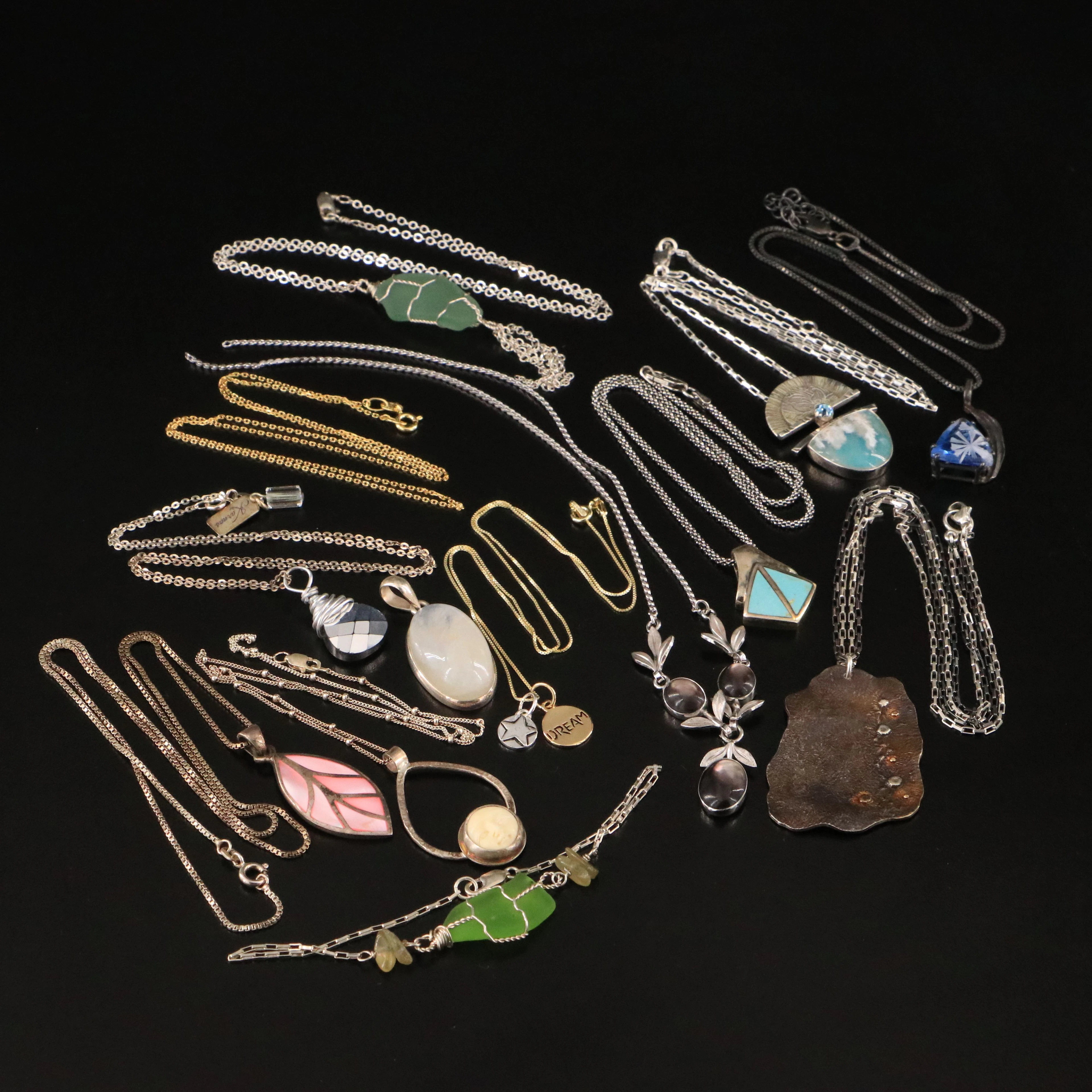 Sterling Necklaces, Pendant and Bracelet Including Rainbow Moonstone and Bone