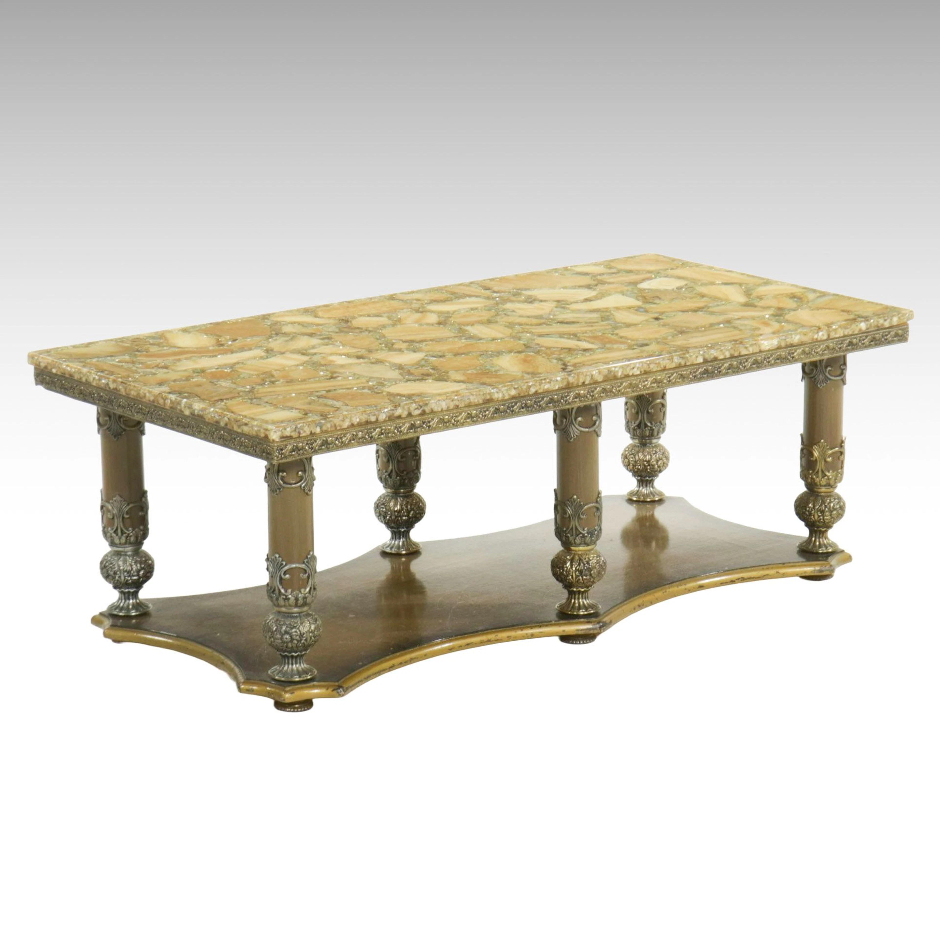 Hollywood Regency Coffee Table with Stone and Mother-of-Pearl in Resin Tabletop