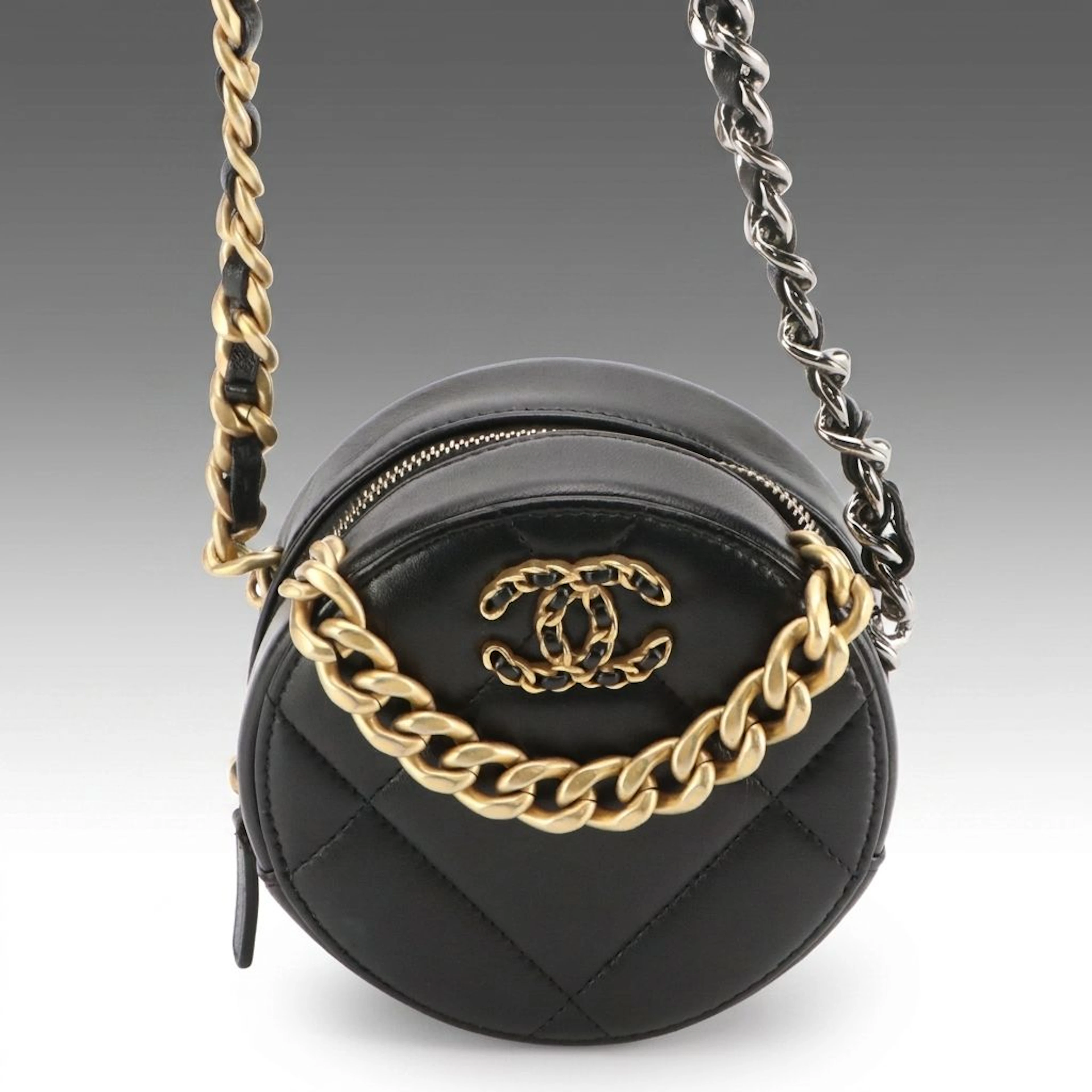 Chanel 19 Round Clutch in Matelassé Black Lambskin Leather with Tri-Tone Chain