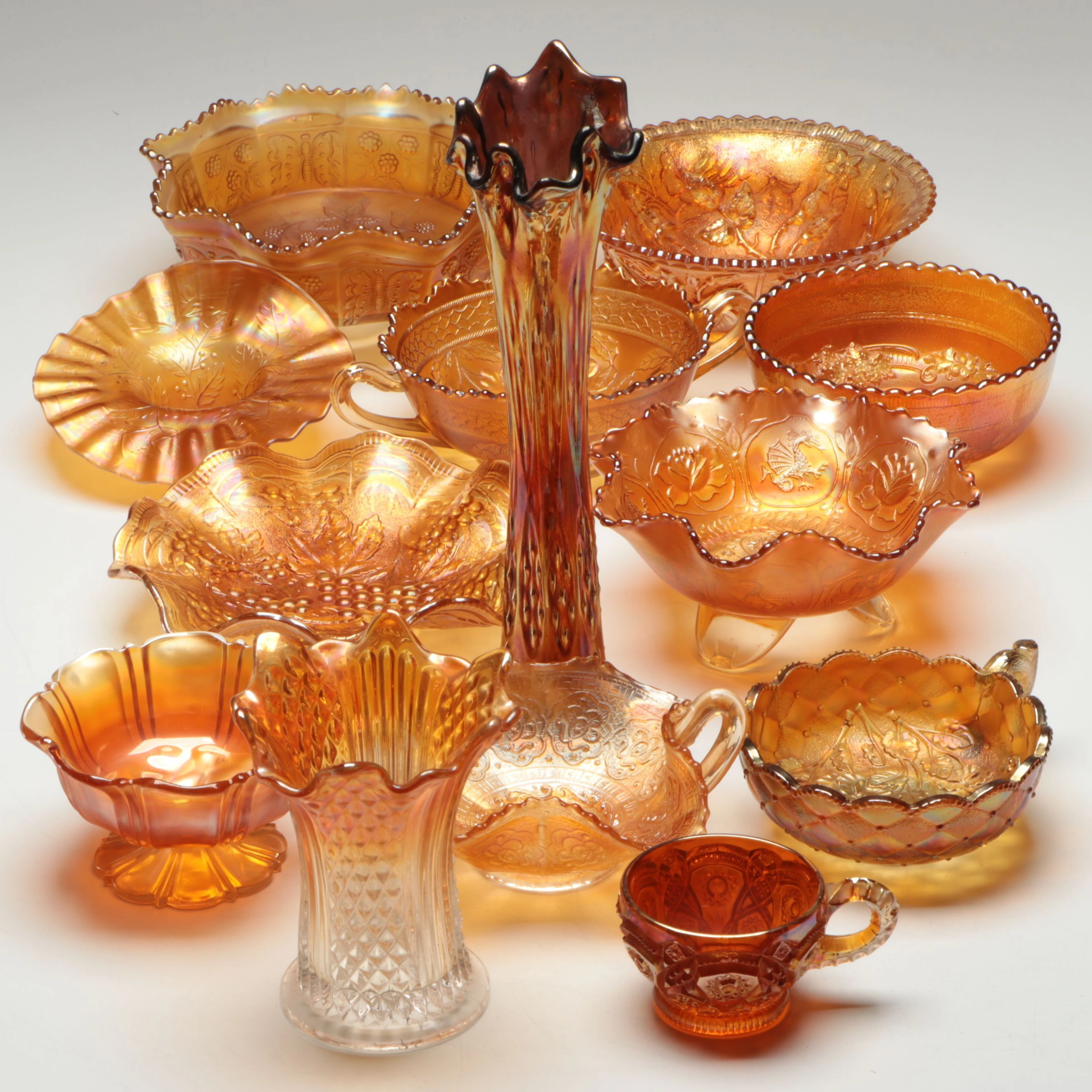 Fenton "Dragon & Lotus" Footed Dish and More Marigold Carnival Glass Décor