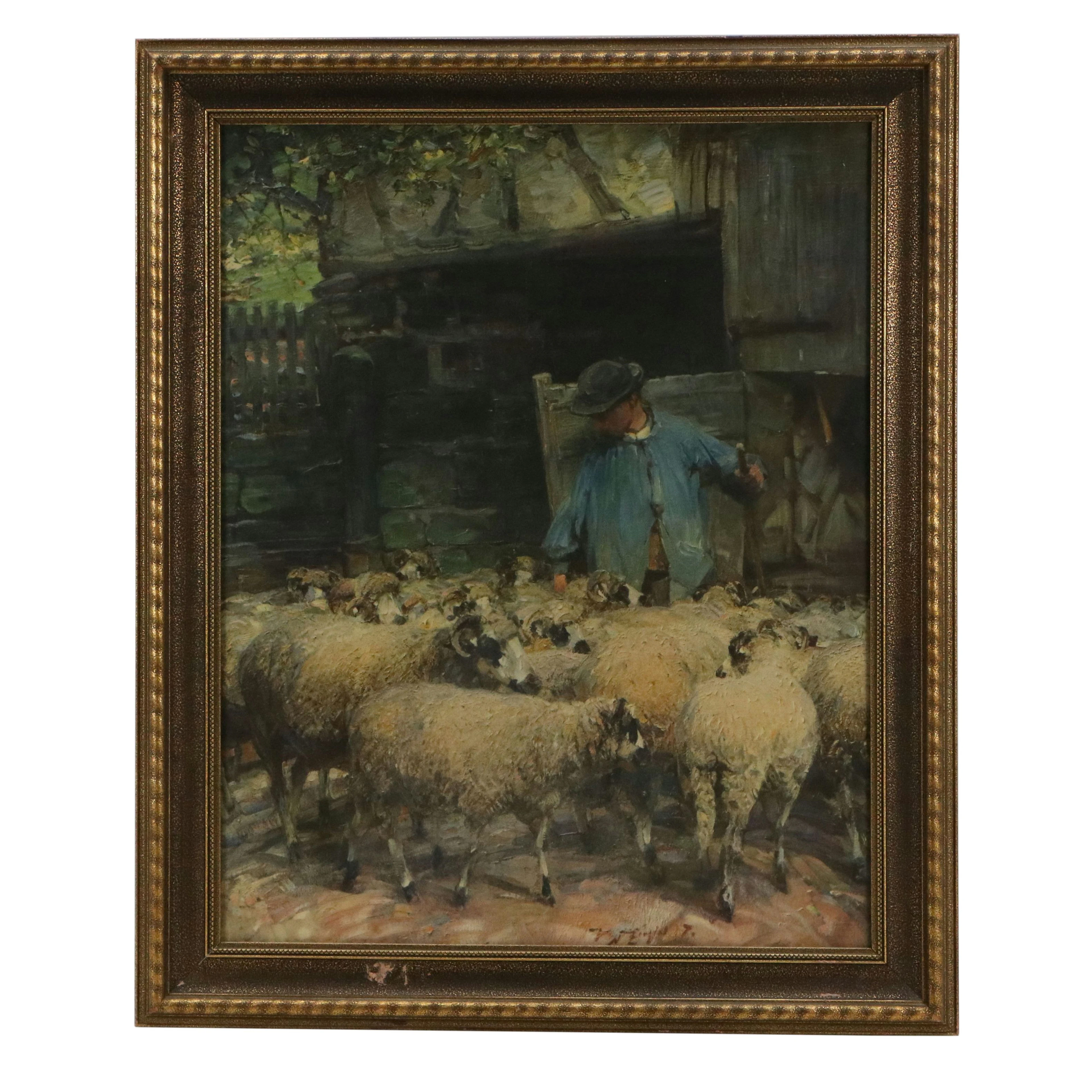 Collotype After Heinrich von Zügel of Shepherd with Sheep, Early 20th Century
