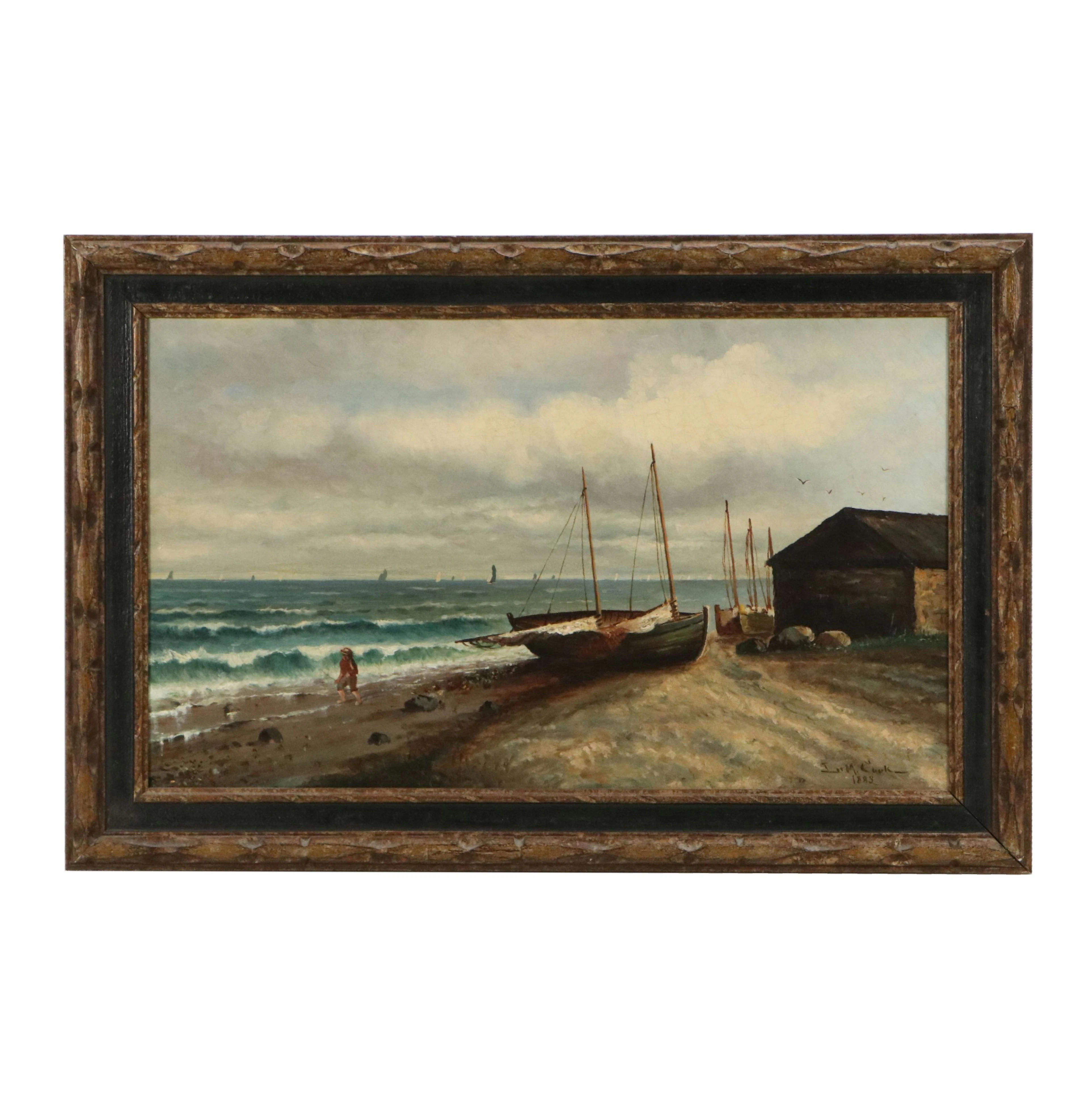 L. M. Cooke Maritime Oil Painting of Coastal Landscape, 1885