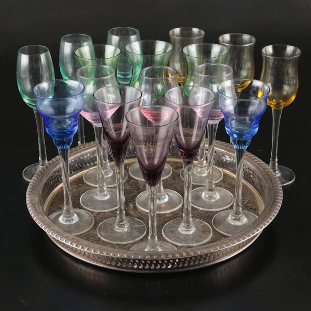 Wm. Rogers Silver Plate Round Tray with Multicolor Glass Stemware