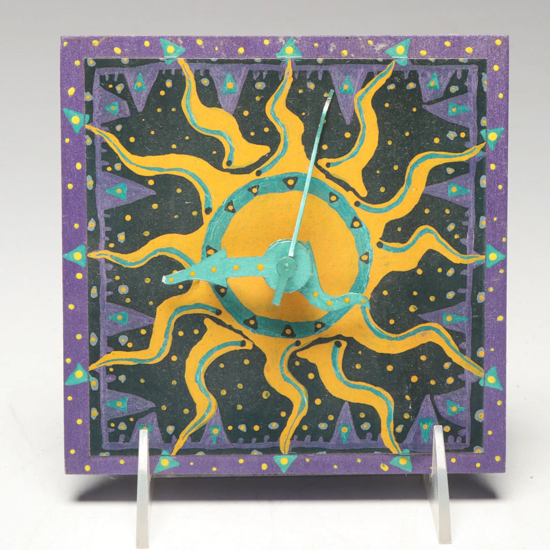 Artist Signed Hand-Painted Multicolor Celestial Wall Clock, 1995