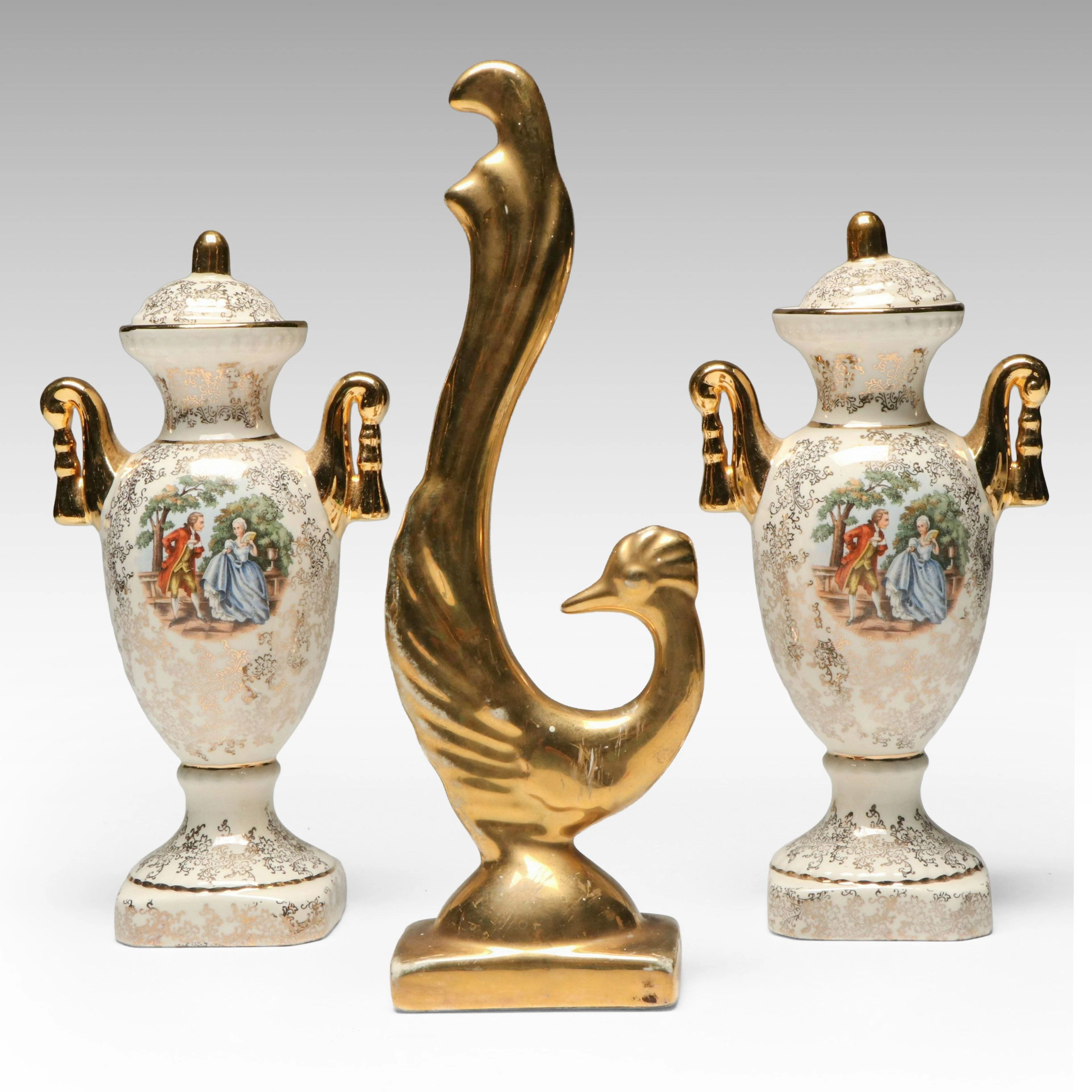 Pair of Gilt Porcelain Urns with Peacock Figurine, Mid to Late 20th Century