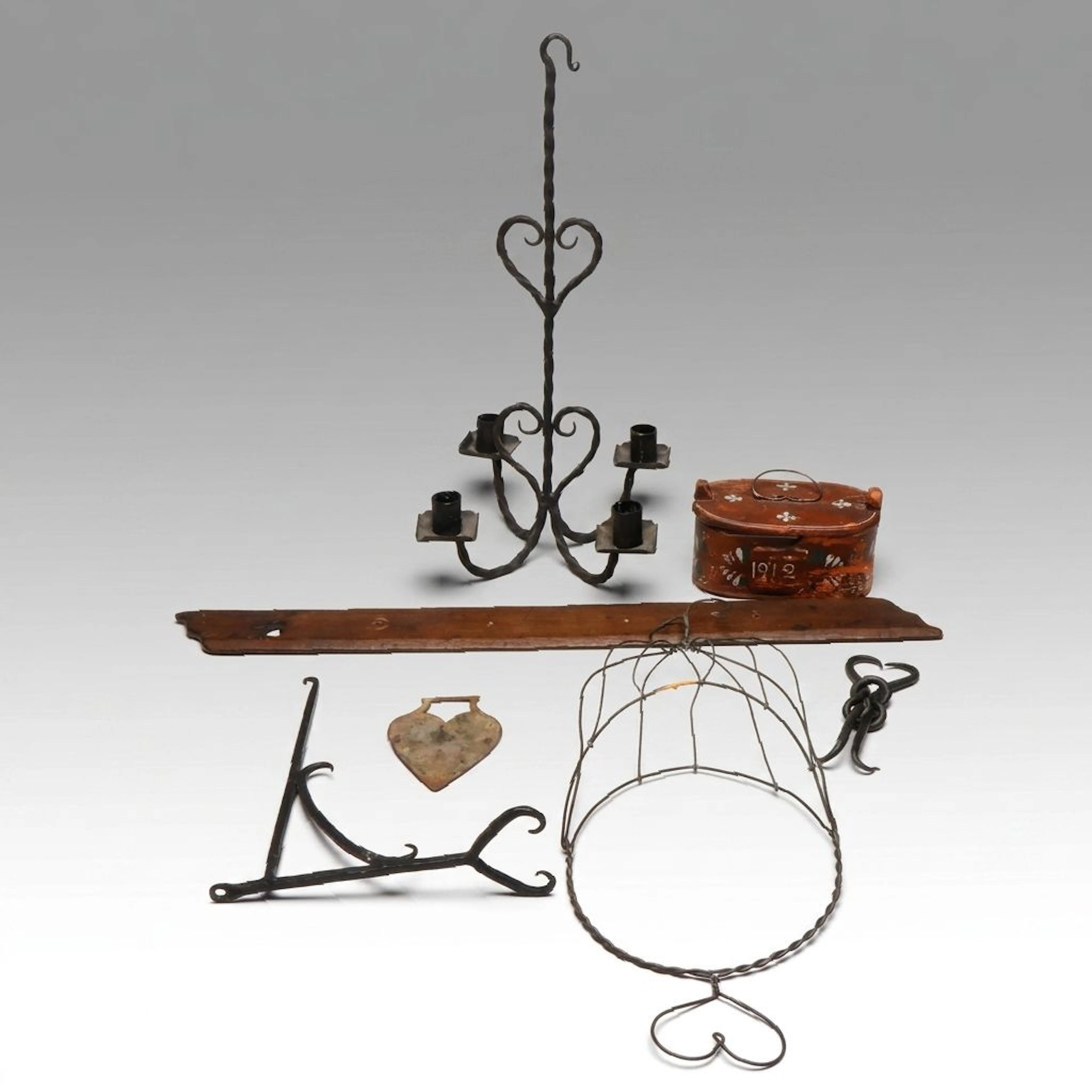 Swedish Folk Art "Svepask" Box with Wrought Iron Chandelier and Other Décor