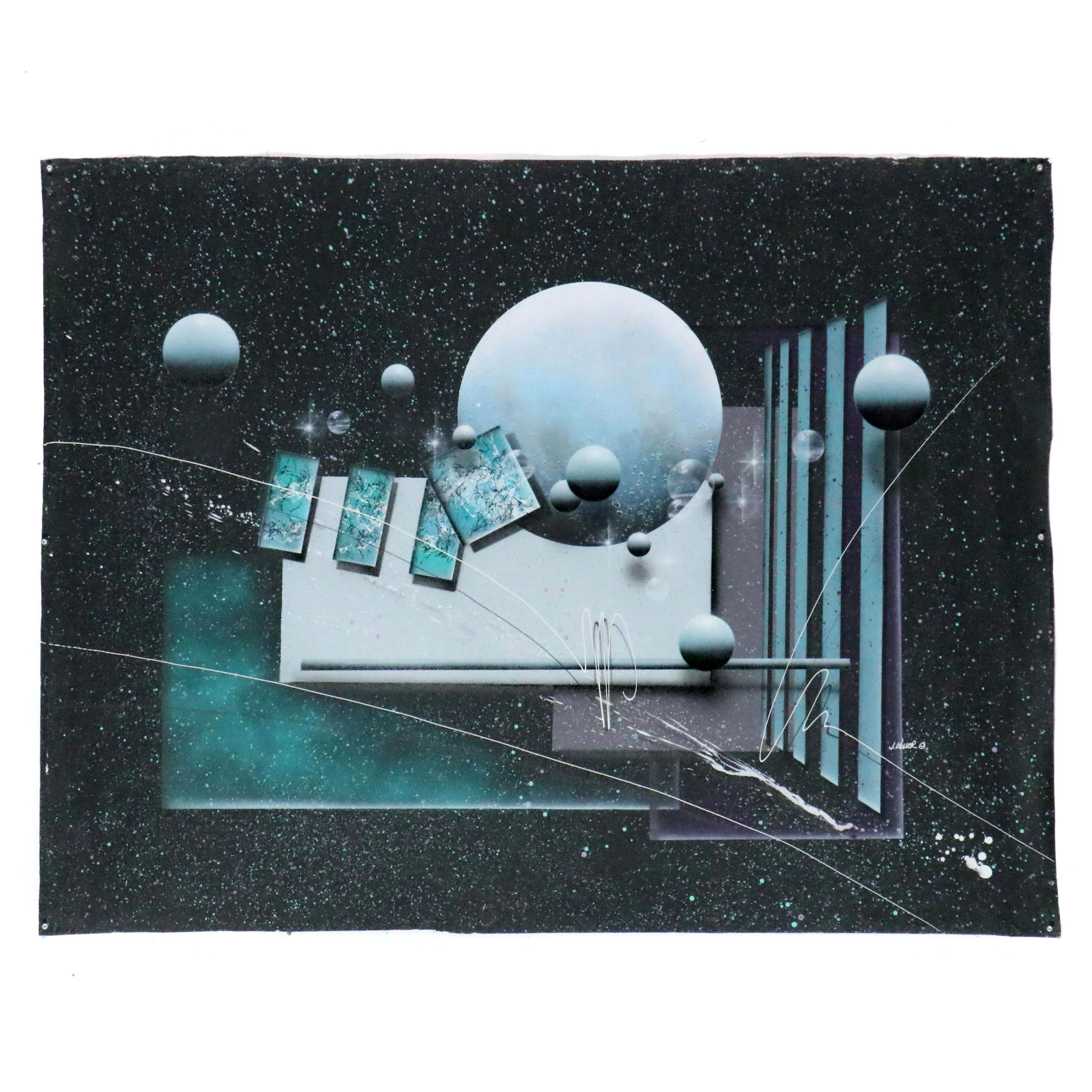 Josef Kugler Surreal Cosmic Landscape Mixed Media Painting, 1980