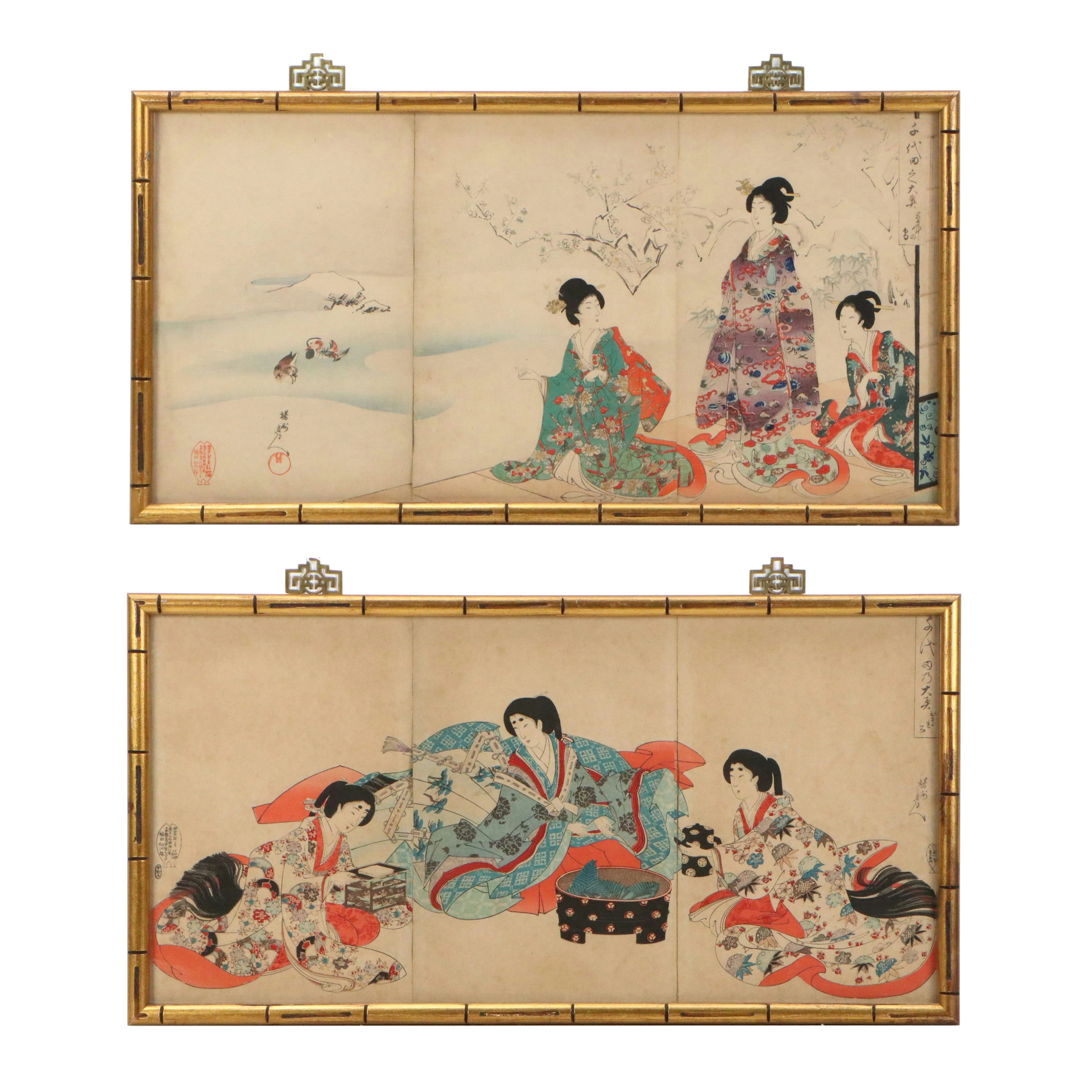 Toyohara Chikanobu Japanese Woodblock Triptychs of Women, 1895
