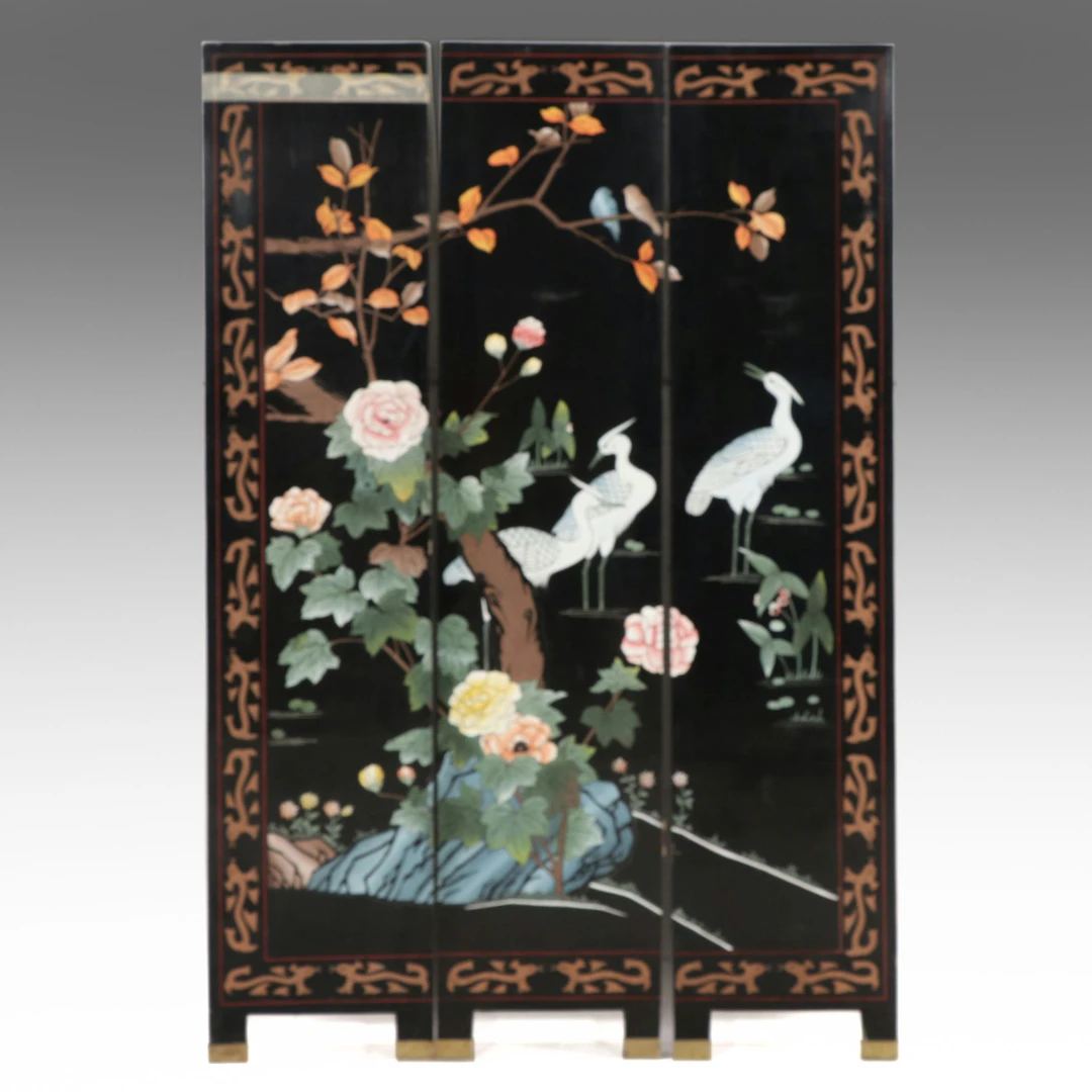 Chinese Three-Panel Black Lacquer Coromandel Screen