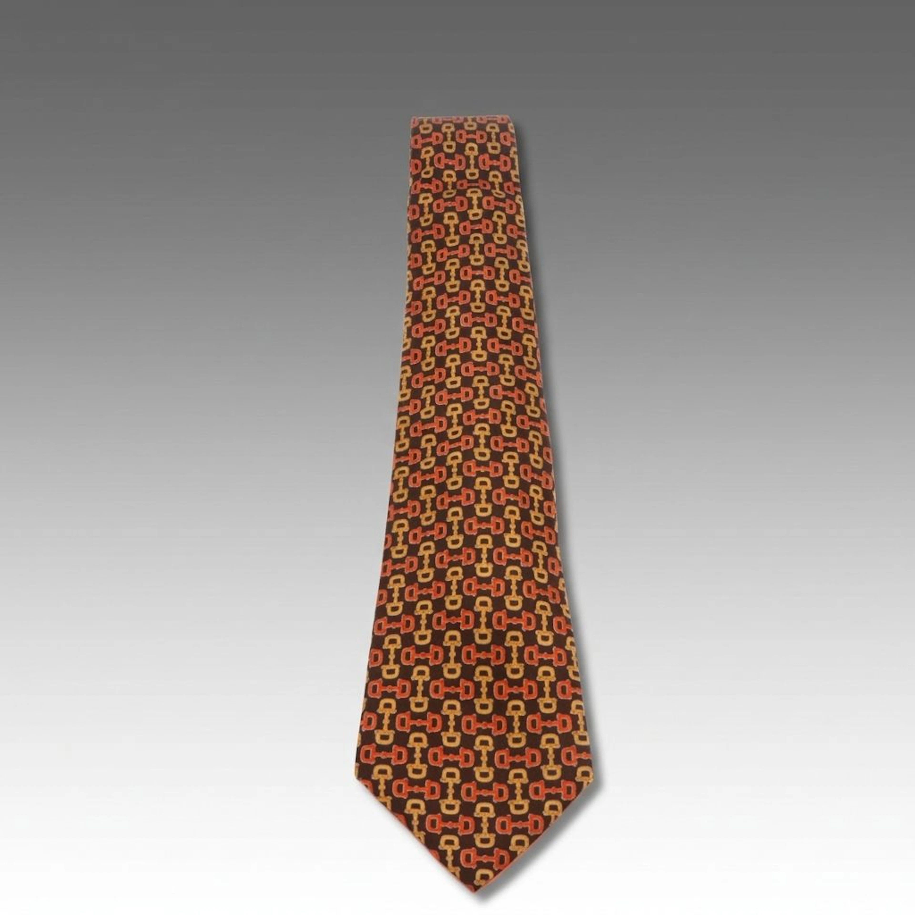 Gucci Silk Neck Tie in Orange and Yellow Horsebit on Brown Pattern