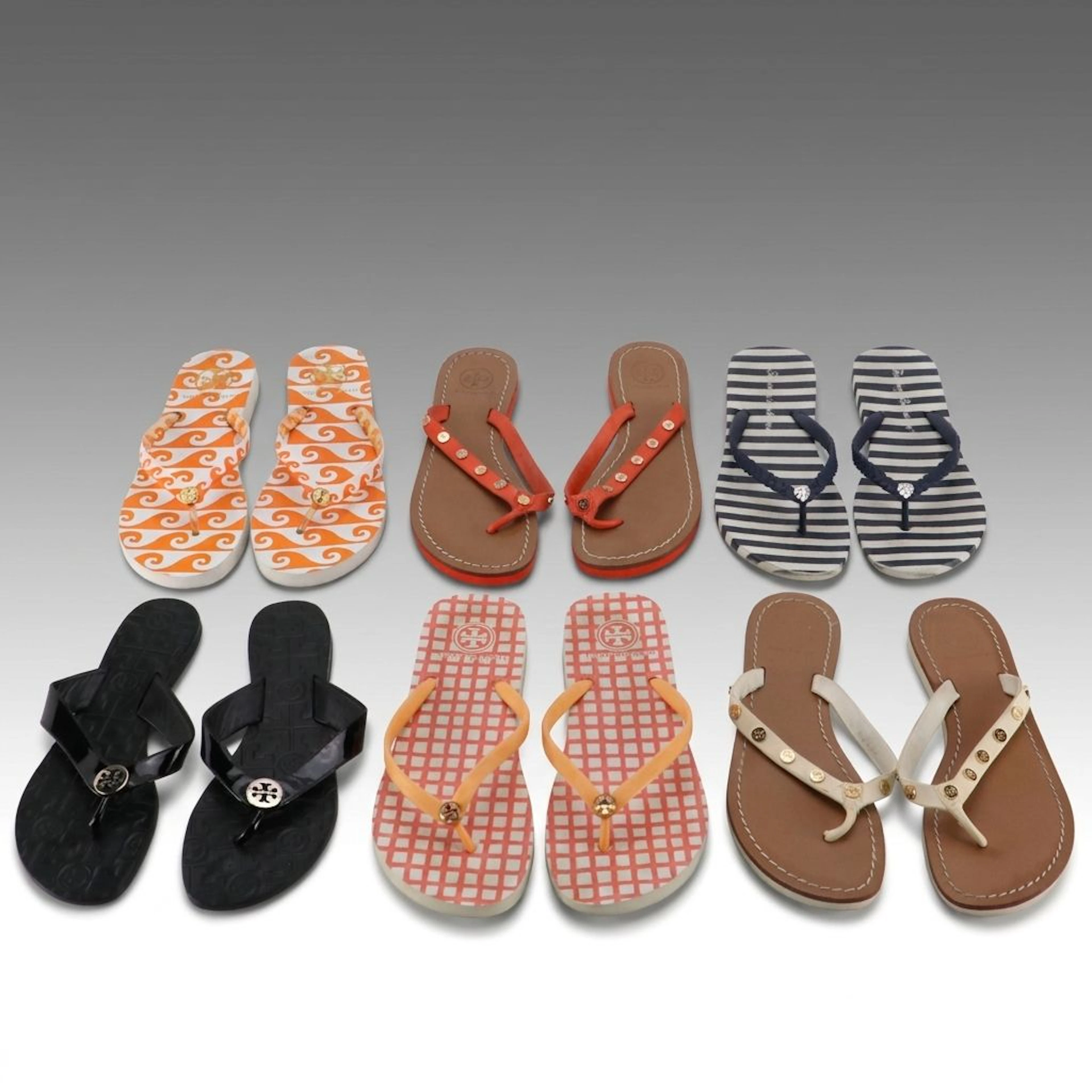 Tory Burch Black Patent, Studded Orange & White Leather with Plastic Flip-Flops