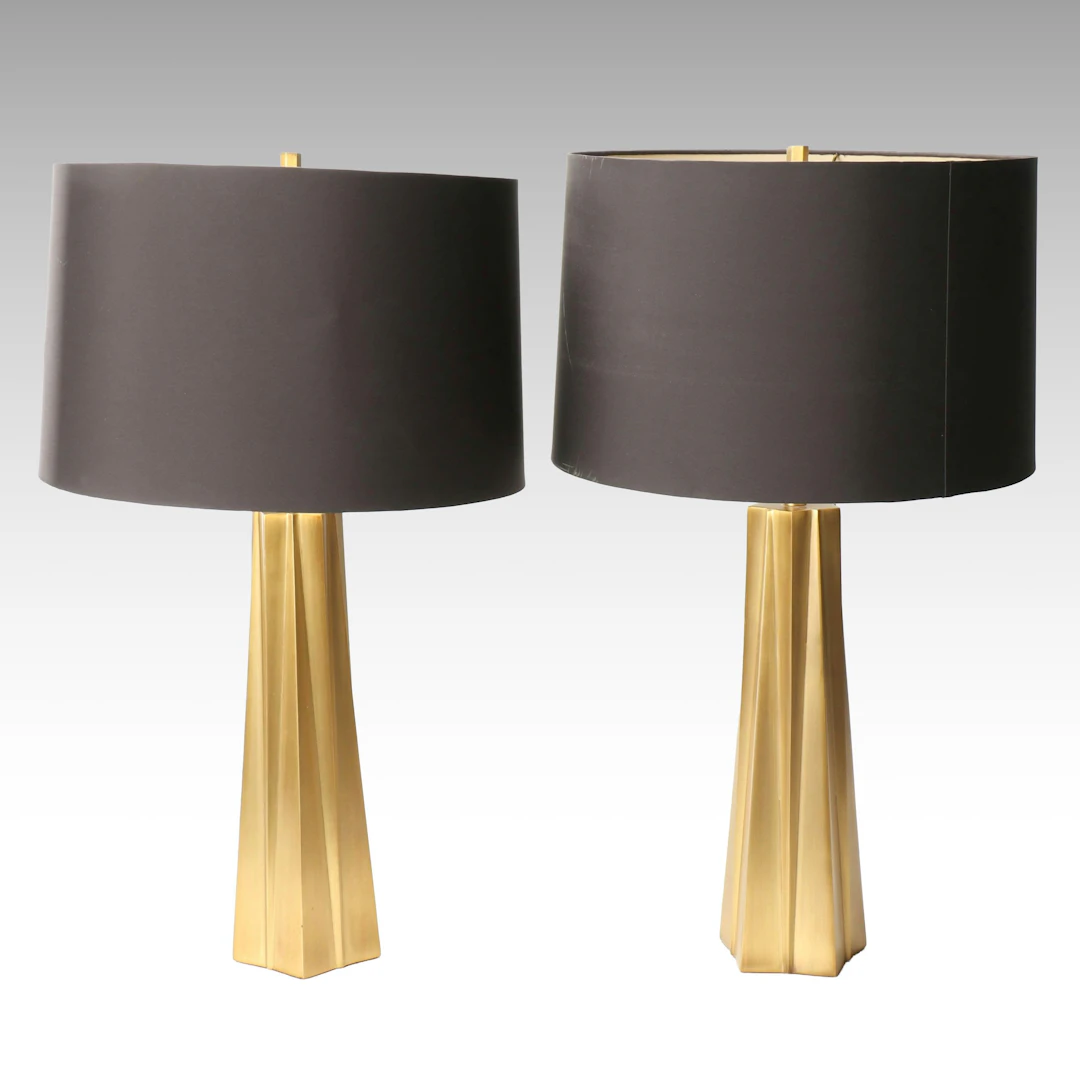 Postmodern Style Brass Table Lamps with Black Drum Shades